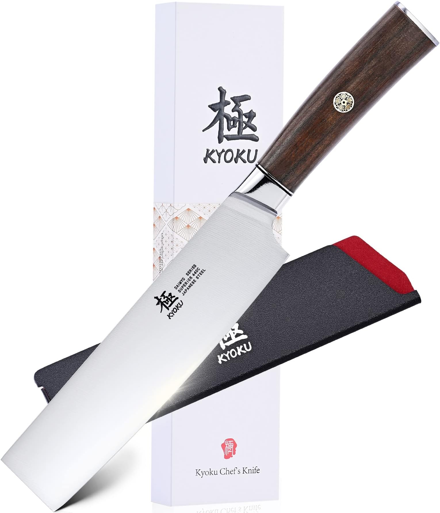 KYOKU 7 Inch Nakiri Knife - Daimyo Series - Vegetable Cleaver with Ergonomic Rosewood Handle, & Mosaic Pin - Japanese 440C Stainless Steel Kitchen Knife with Sheath & Case