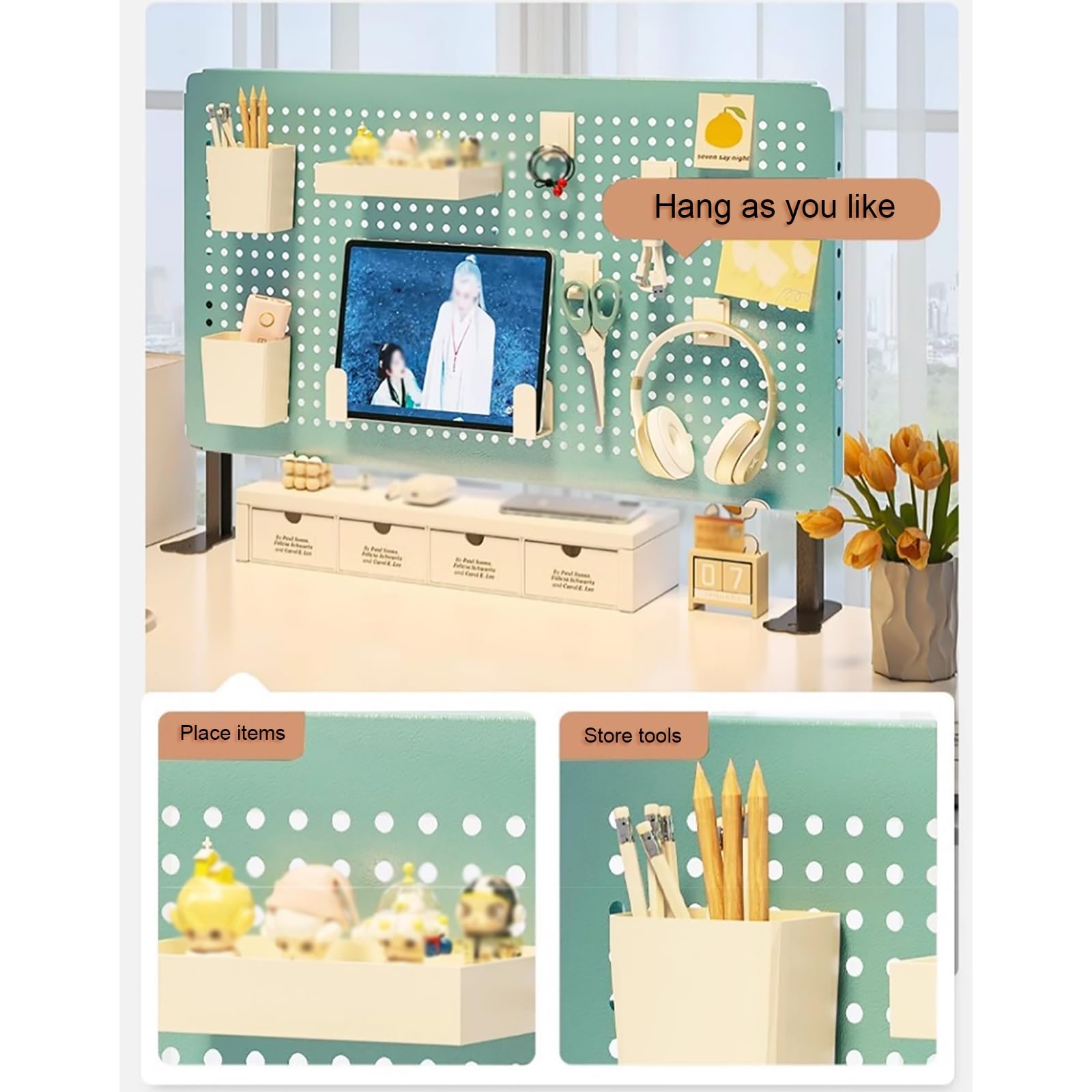 Pegboard, Stecktafel, Lochwand, Stecktafel-Werkzeugaufbewahrungsset mit Regalen und Zubehörhaken für Büroschreibtisch, Arbeitstisch-Organisation(Orange,Small)