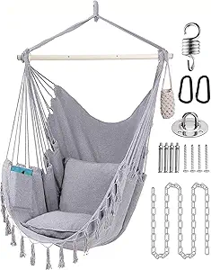 Hammock Chair with Hardware Kit Hanging Hammock Swing with 2 Cushions Metal Support Bar Side Pocket for Indoor Swinging Chairs for Patio Bedrooms, Gray