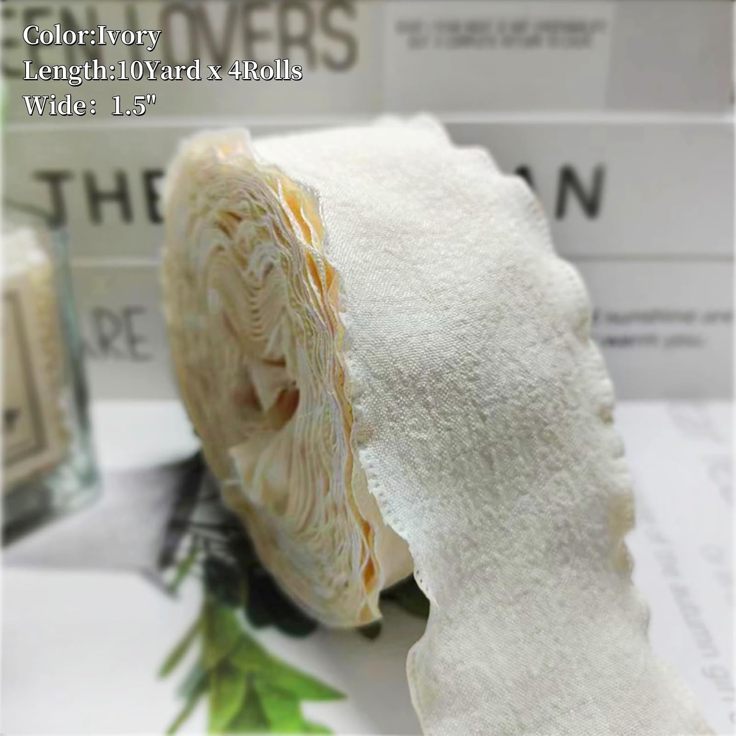 Ivory Ribbon 4Rolls Wavy Handmade Wide Ribbon for Gift Wrapping Craft Sewing 1-1/2 inch 1.5" x 40Yard Fabric Ribbon Flower Bridal Bouquets Party Wedding Decoration DIY Hair Bows Making