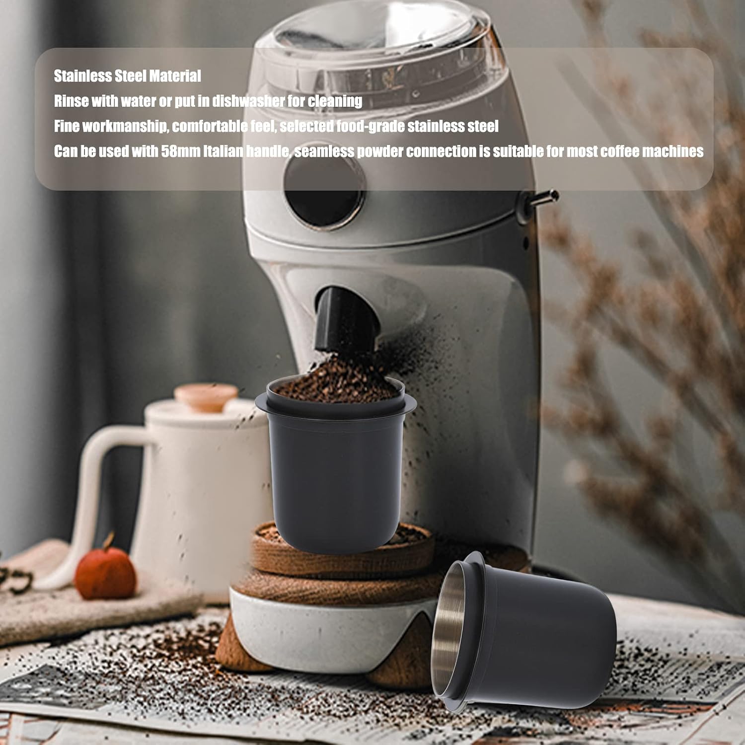 Premium Stainless Steel Coffee Dosing Cup, 58mm Compatible with Portafilters, Black Gray Finish for Espresso and Cafe Use