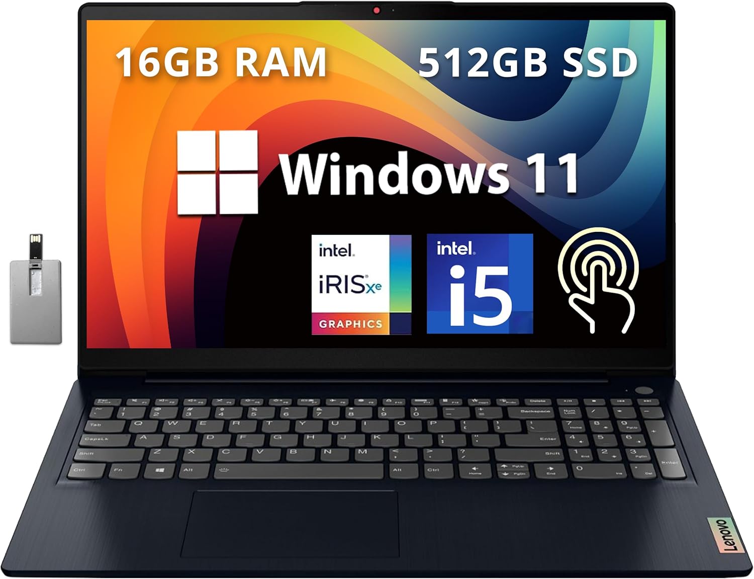 Lenovo IdeaPad 15.6" FHD Touchscreen Laptop, Intel i5-1155G7, 16GB RAM, 512GB PCIe SSD, Intel Iris Xe Graphics, Num Pad, WiFi 6, Win 11, Abyss Blue, 32GB Hotface USB Card