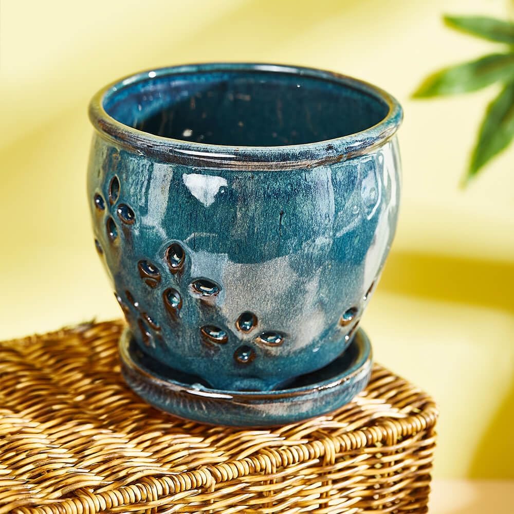 Orchid Pots with Holes Attached Saucers 5.7 Inches - 1 Pcs Small Ceramic Pots for Repotting, Decorative Ceramic Orchid Planter with Hole for Healthy Root Growth Bule