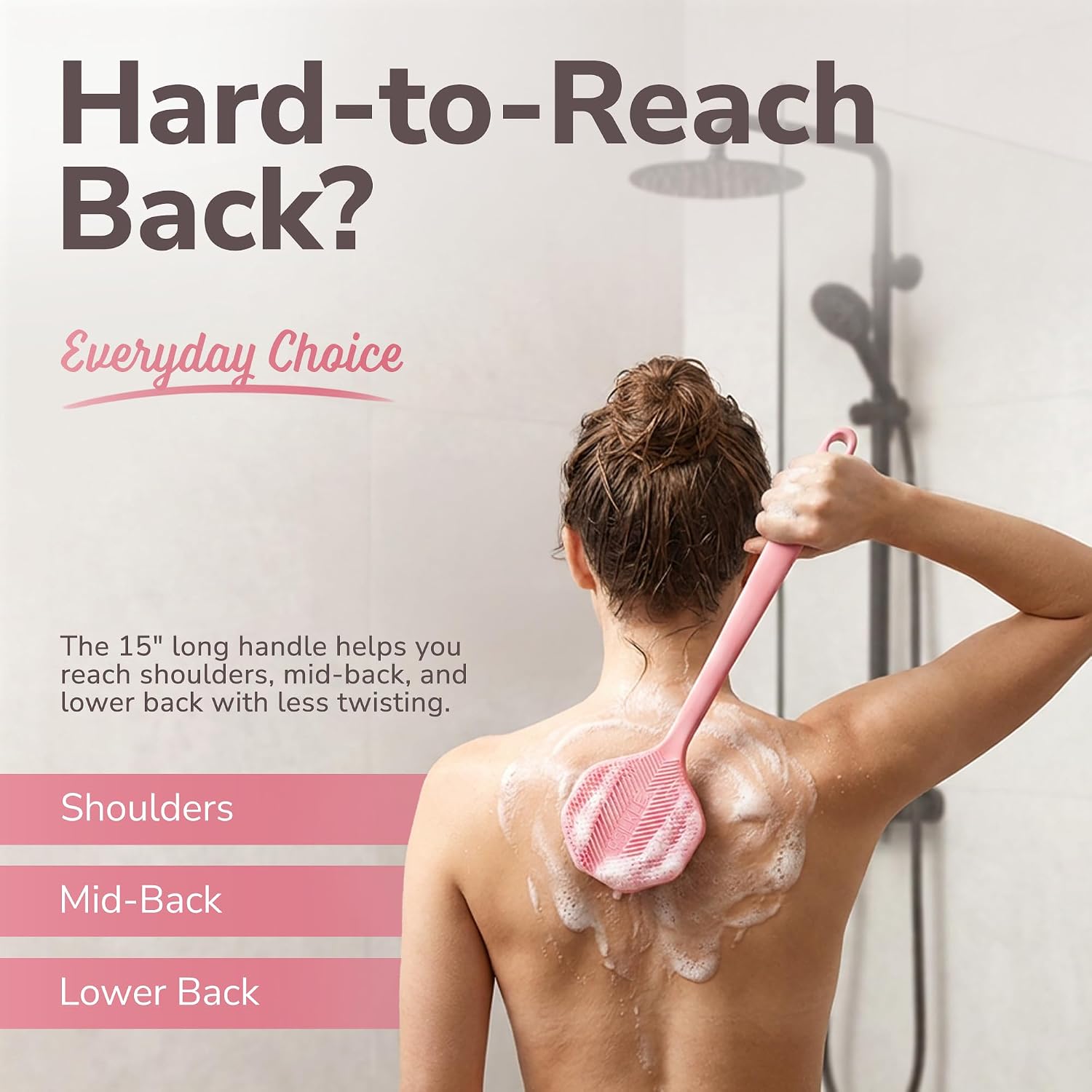 SILKLE Silicone Back Scrubber with Long Handle - Body Brush for Shower, Bath, and Exfoliating - Skin Cleansing, Back Scrub, and Gentle Silicone Sponge - Wash Your Body with Easy Reach - Pink