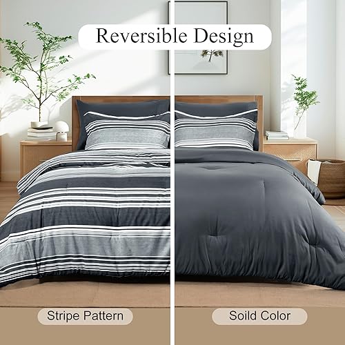 Miniatura 4 de PHF Juego de edredón de 7 piezas de cama en una bolsa, tamaño King, color gris claro y blanco, a rayas, con juego de sábanas, 2 fundas de almohada,