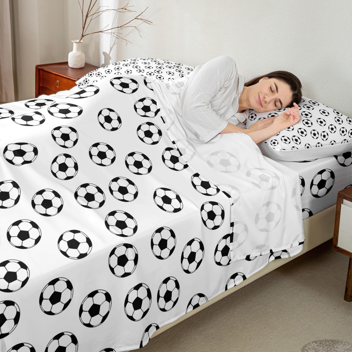 Soccer Kids Sheet Full Size,Ball Sports Games Competition Bedding Set,Girls Boys Adults Room Decor,American Football Cartoon Black White Unique Bed Sheet Set 4pcs(Fitted + Flat + 2 Pillowcases) - Image 3