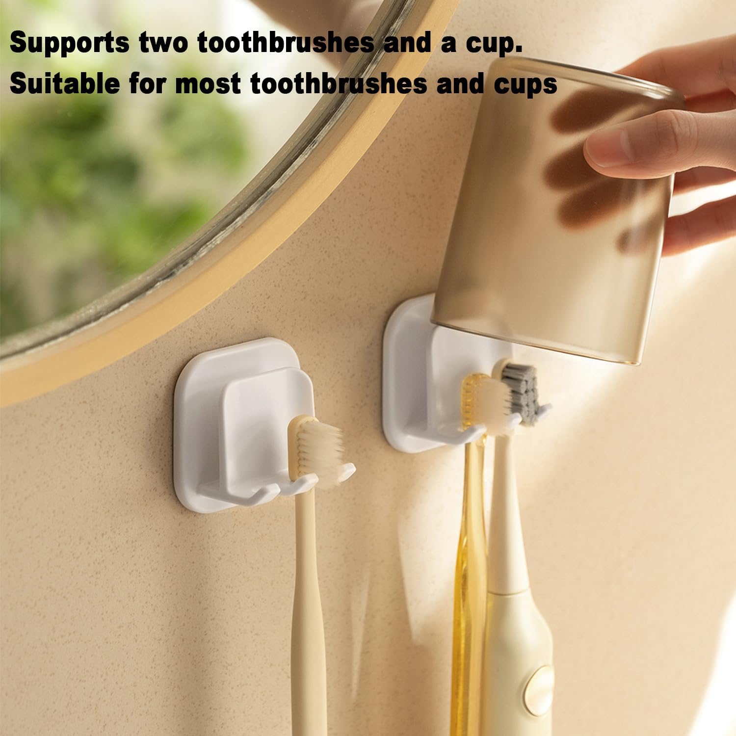 Radisoph Lot De 2 Porte-brosses à Dents Auto-adhésifs à Fixation Murale, Crochet Multifonction, étanche, 2 Emplacements Pour Brosse à Dents, Porte-gobelet Pour Suspendre La Salle De Bain, La Cuisine