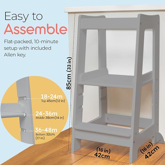 Toddler Tower 3-Level Adjustable Wooden Toddler Step Stool Grey