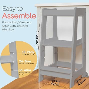 Toddler Tower 3-Level Adjustable Wooden Toddler Step Stool Grey