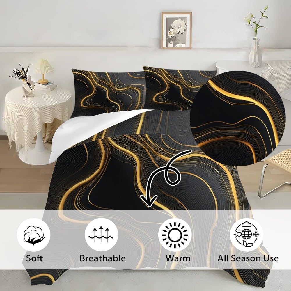 Zestaw poszewek na kołdrę 220x220 cm czarno-złoty 3 sztuki, nadruk 3D
