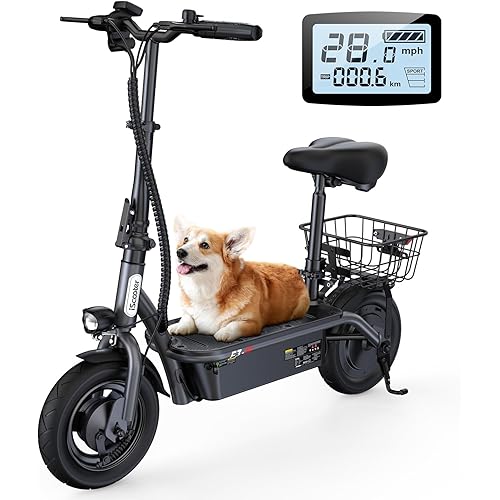 iScooter Electric Scooter with Seat, 37/21 Miles Long Range & 28/19/15.6 MPH Top Speed, 14"/12"/10" Pneumatic Tire, Height Adjustable Seat & Handlebar, Dual Suspensions Commuting Scooter with Basket