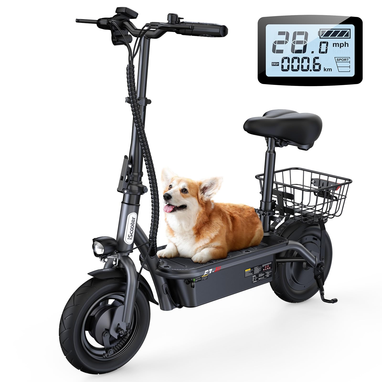 iScooterElectric Scooter with Seat, 37/21 Miles Long Range & 28/19/15.6 MPH Top Speed, 14"/12"/10" Pneumatic Tire, Height Adjustable Seat & Handlebar, Dual Suspensions Commuting Scooter with BasketGlobal Recycled StandardGlobal Recycled StandardGlobal Recycled Standard