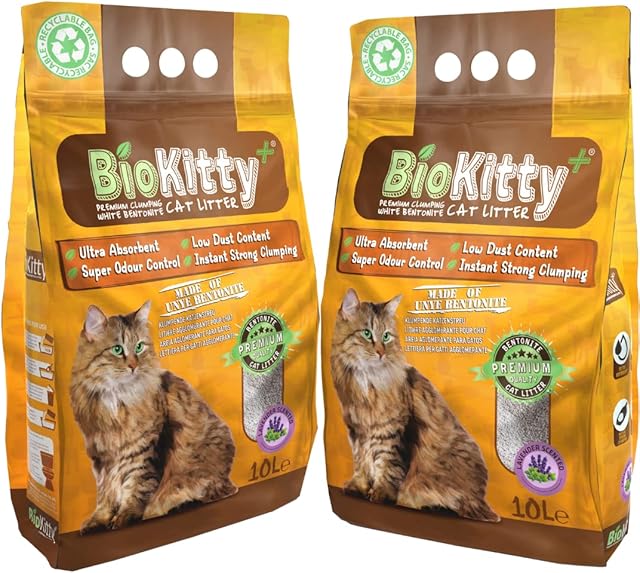 BioKitty 2 Pack of Clumping Cat Litter, Highly Absorbent Natural Mineral Bentonite Cat Sand Litter Lavender, Long Lasting Odour Control No Dust Cat Litter, Non-Tracking, 2x10L (20L, LAVENDER)