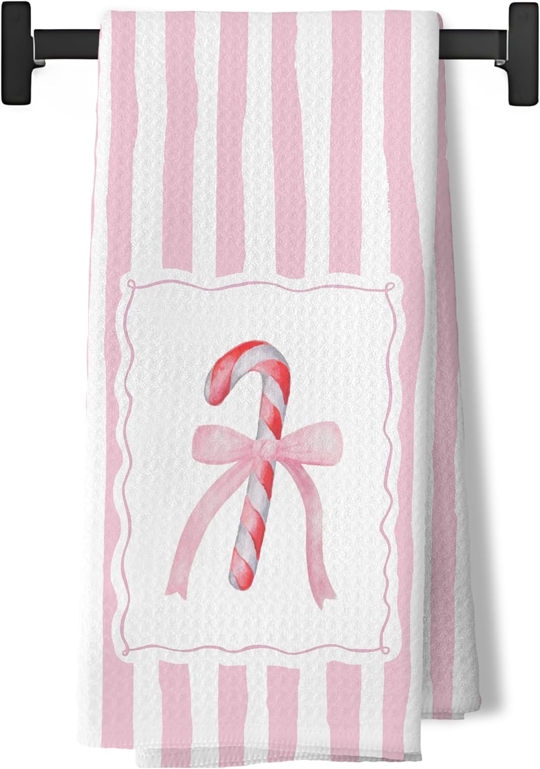 Preppy Pink Candy Cane Christmas Kitchen Dish Tea Towels, Pink Bow Stripes Decorative Hand Towels for Bathroom Kitchen, Coquette Christmas Bathroom Decor, 16x24 Inch