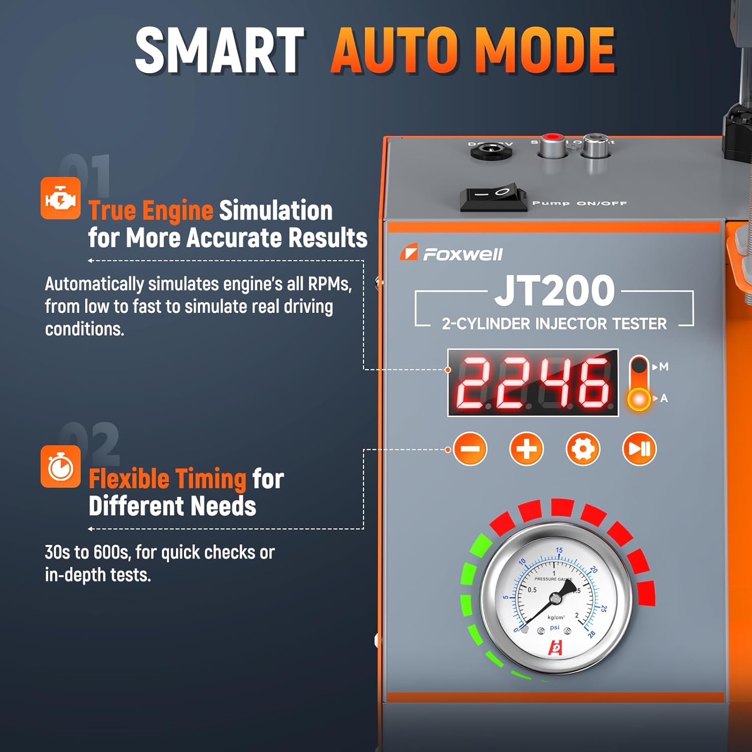 FOXWELL JT200 Fuel Injector Tester, Fix Engine Misfire & Rough Idle - Visualize Spray Pattern & Volume, Automatic Fuel Injection System Tester Diagnostic Tool for 6V/12V MPI Motorcycle & Car Injectors