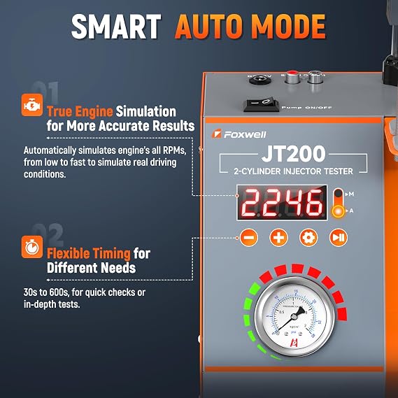 FOXWELL JT200 Fuel Injector Tester, Fix Engine Misfire & Rough Idle -Visualize Spray Pattern & Flow Rate, Fuel Injection System Tester Cleaner Diagnostic Tool for 6V/12V MPI Motorcycle & Car Injectors