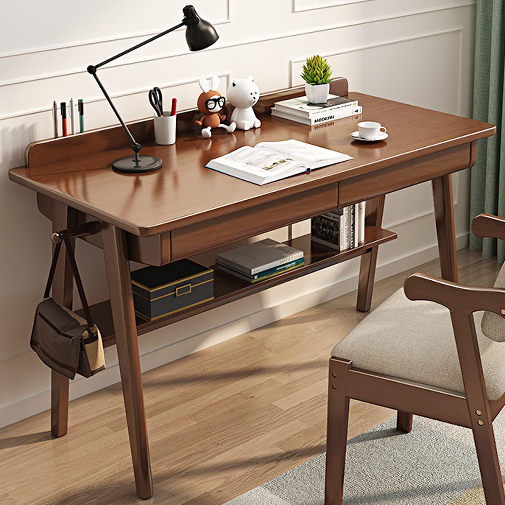 Solid Wood Writing Desk with Drawers, mid-Century Modern Desk, Home Office Computer Desk with 2 Drawers and Storage Shelf, Home Office Desk with Hooks for Small Spaces (Walnut, 47.2 * 23.6 * 29.5in)
