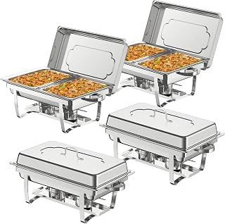 NArra 4er Pack Chafing Dish Buffet Set, 9L Rechteckige Catering Server aus Edelstahl mit Speisebehältern halber Größe, Speisenwärmer mit faltbarem Rahmen für Partys, Hochzeiten, Abendessen, Buffet