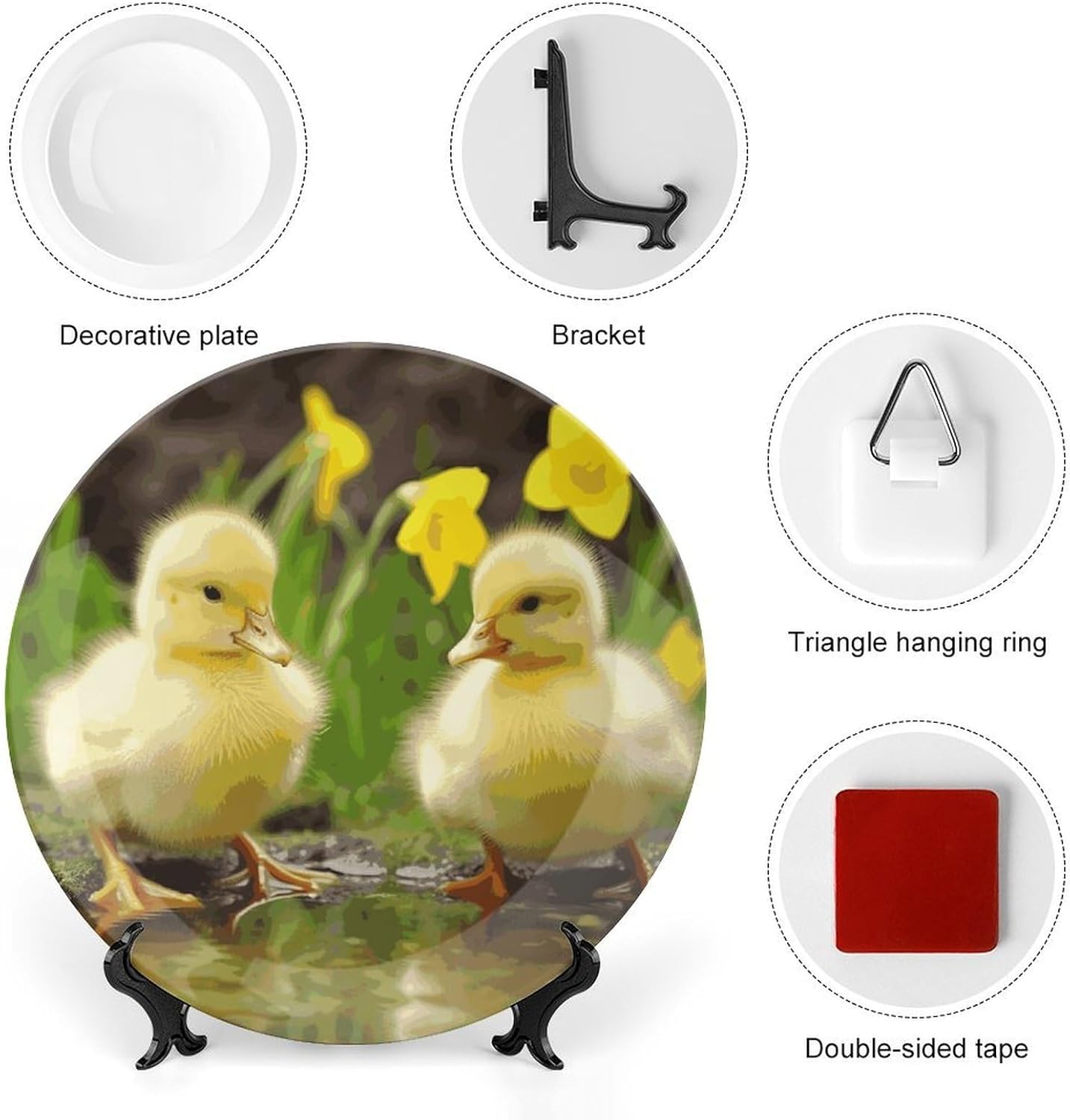 Cute Baby Ducks Bone China Decorative Plate with Display Stand, Ceramic Ornaments Plate for Wall Hanging, Personalized Porcelain Plates for Office, Living Room 8inch