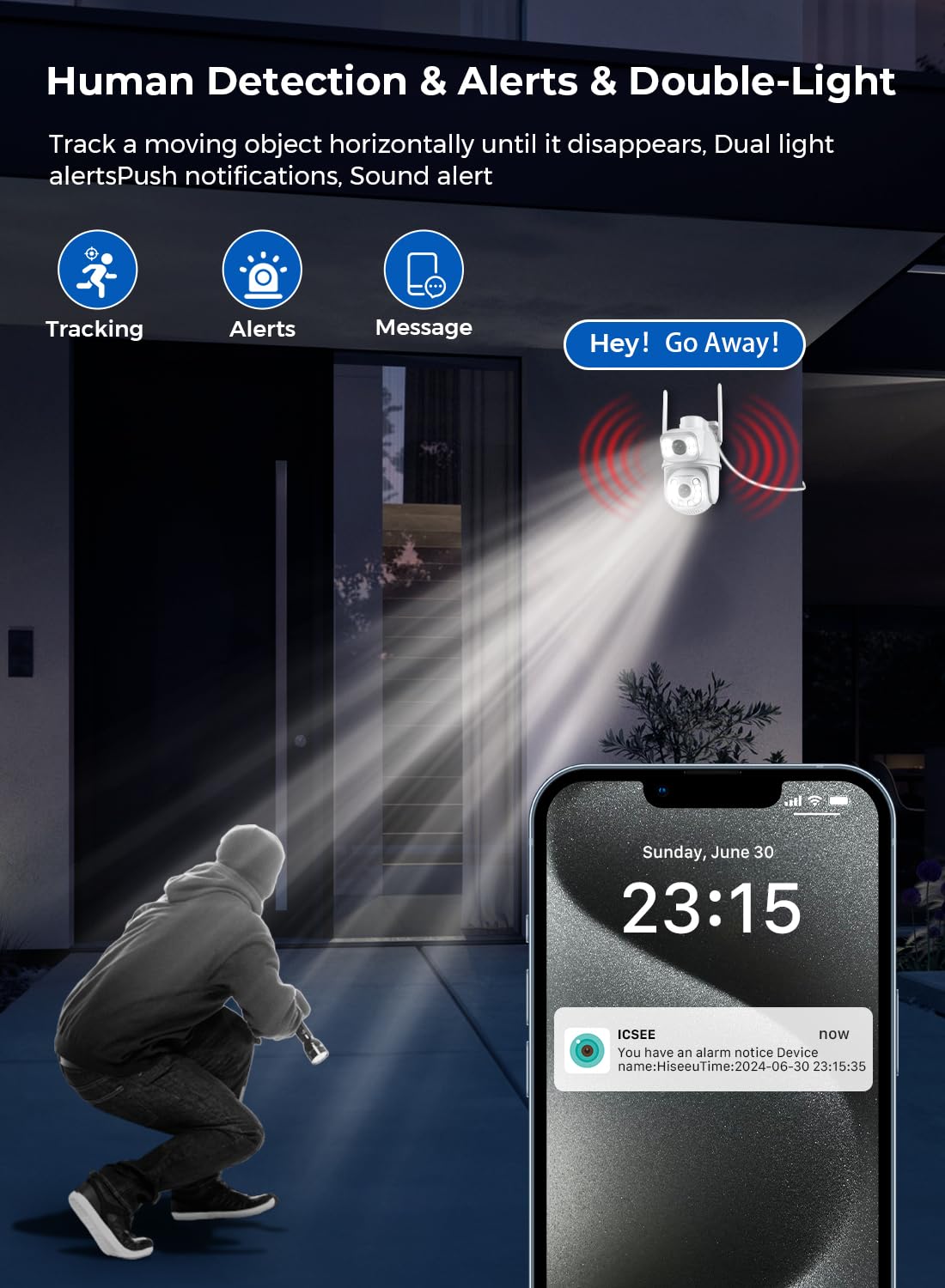 ANBIUX A27 camera detecting a person at night, with white lights activated and a smartphone displaying an iCSee app alert notification. Icons for tracking, alerts, and messages are also shown.