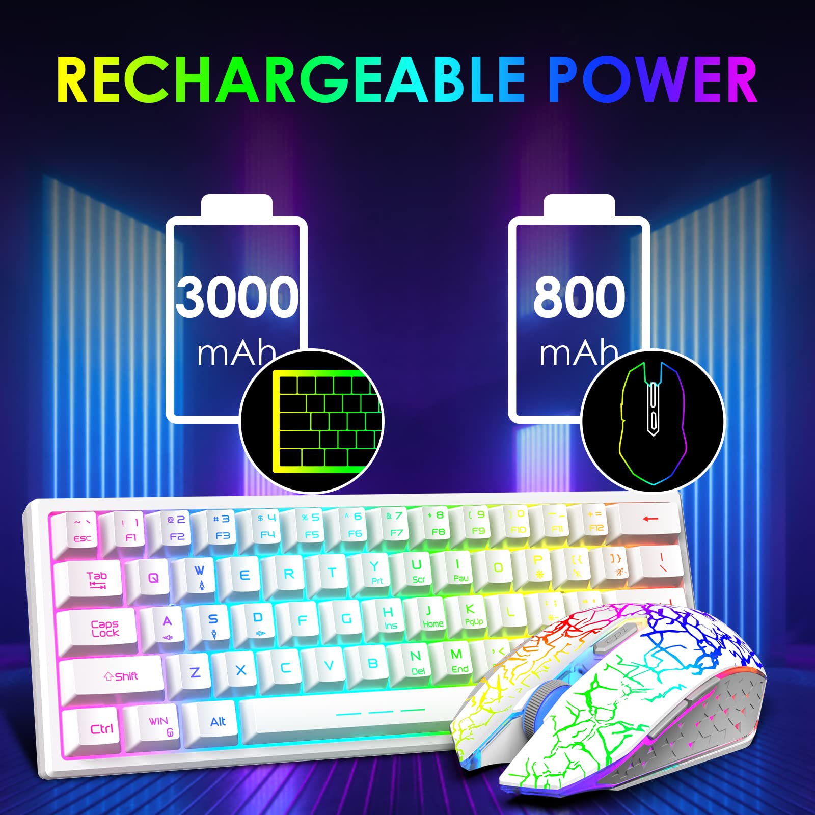 60% Kabellos Gaming Tastatur und Maus Combo Set 2,4 GHz Wiederaufladbare 3800 mAh 61 Tasten Kompakttastatur mit Rainbow LED Hintergrundbeleuchtung + 2400 DPI 6 Tasten Rainbow LED Silent Mouse (Weiß)