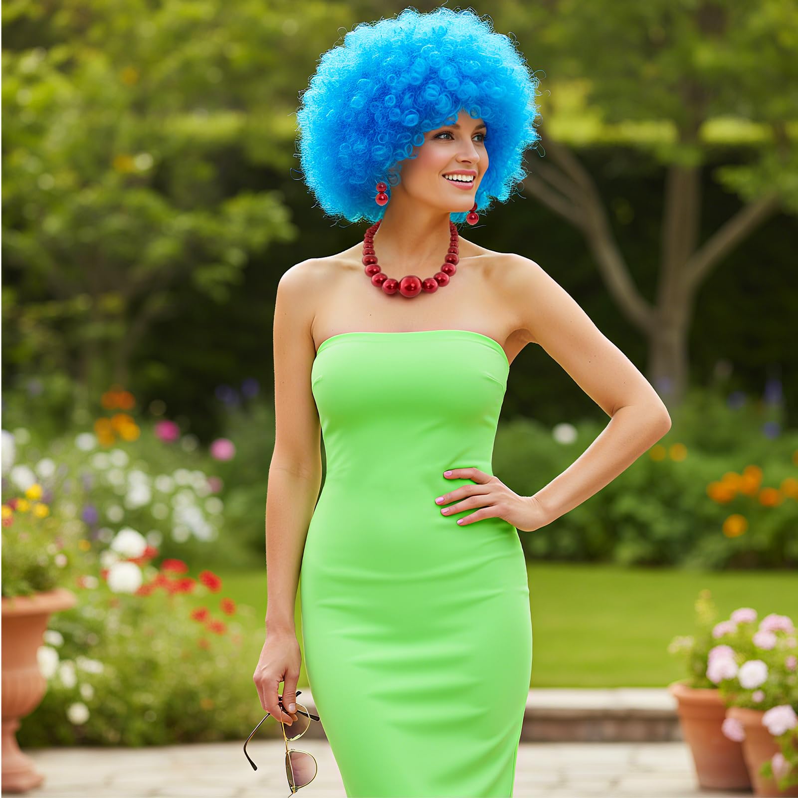 Mepase 4-teiliges Cartoon-Halloween-Kostüm-Zubehör-Set, blaue Perücke, Kleid, Schnur, Halskette, Ohrringe, Cartoon-Charakter für Damen