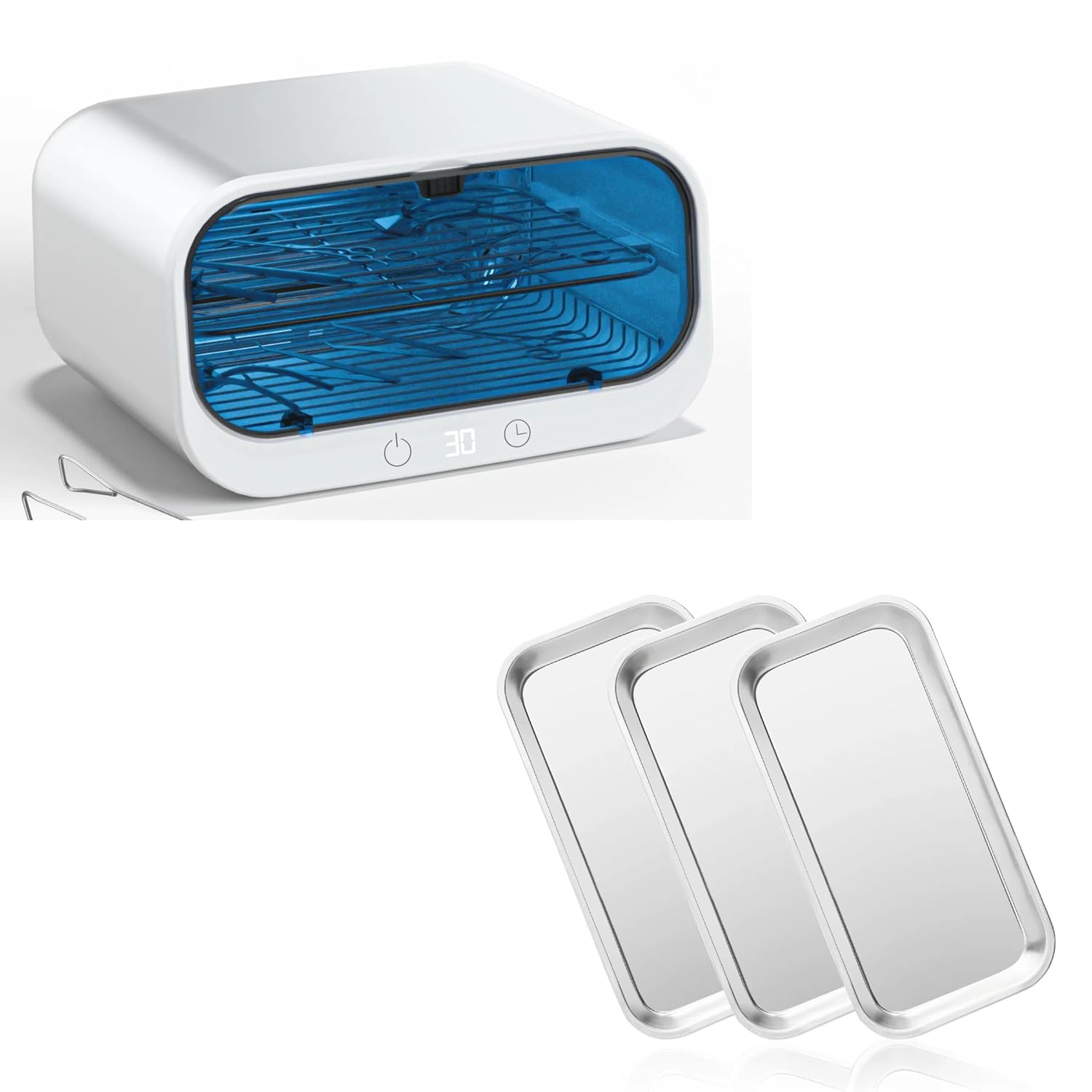 Yofuly Salon Sterilization Kit: 12L Double-layer Nail Tool Sterilizer + 3 Piece Stainless Steel Trays (22.5x12cm) - Professional Organizer for Beauty & Tattoo Tools