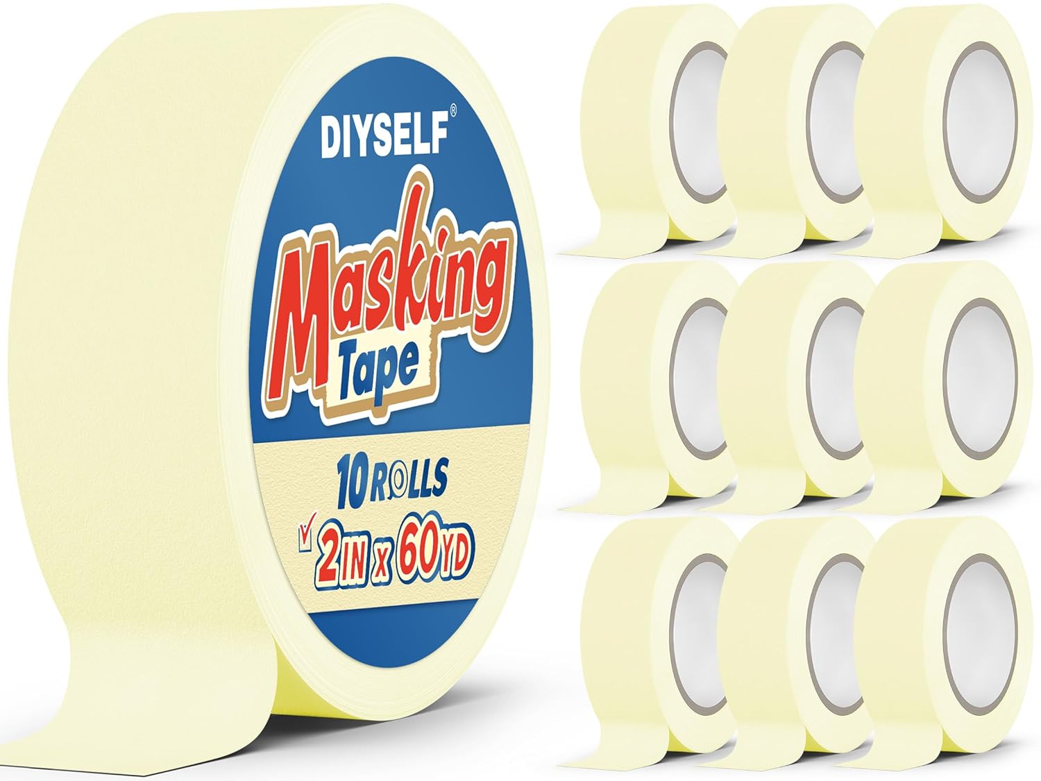 DIYSELF 10 Pack Masking Tape, Painters Tape 2 Inch Wide, 10 Rolls  2"  60 Yds, Beige White Painter Tape for Walls, Trim, Baseboards, Furniture & Cabinets, Masking Tape Bulk, No Residue Easy Tear