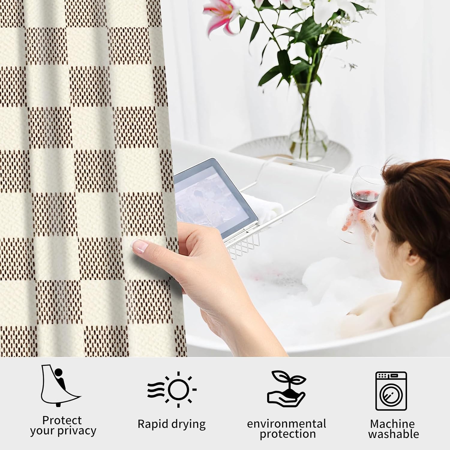 Shower Curtain for Bathroom, Cute Shower Curtain Sets with 12 Hooks, Waterproof Fabric Bath Curtain for Home, 72Wx72H, Fashion Checkerboard