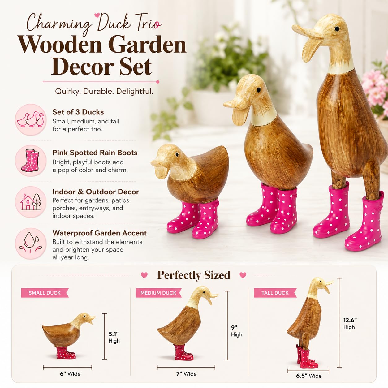 GUTE Duck Yard Dekorationen Yard Art Garten Pfütze Enten mit rosa gepunkteten Gummistiefeln Set von 3 – Gartendekoration Statuen Ente Figur Statue – Wasserdicht Indoor & Outdoor Rasen Zwerg Ornament