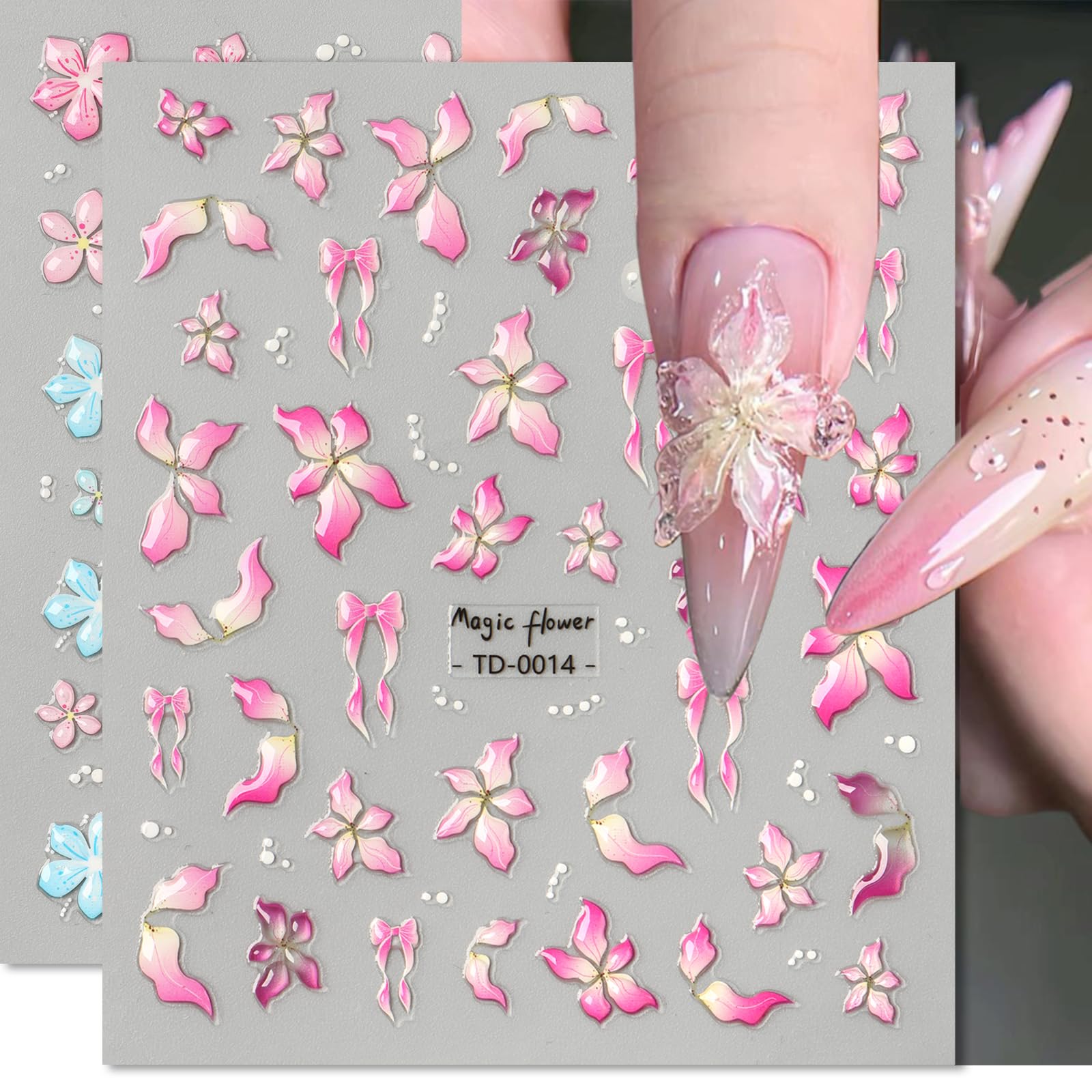 Photo 1 of Flower Nail Stickers 2 Sheets Stickers for Nails Art Design with Pink Blue Flower Butterfly Floral Nail Decals Self Adhesive DIY Nail Art Decoration Spring Summer Supplies for Woman Girls
