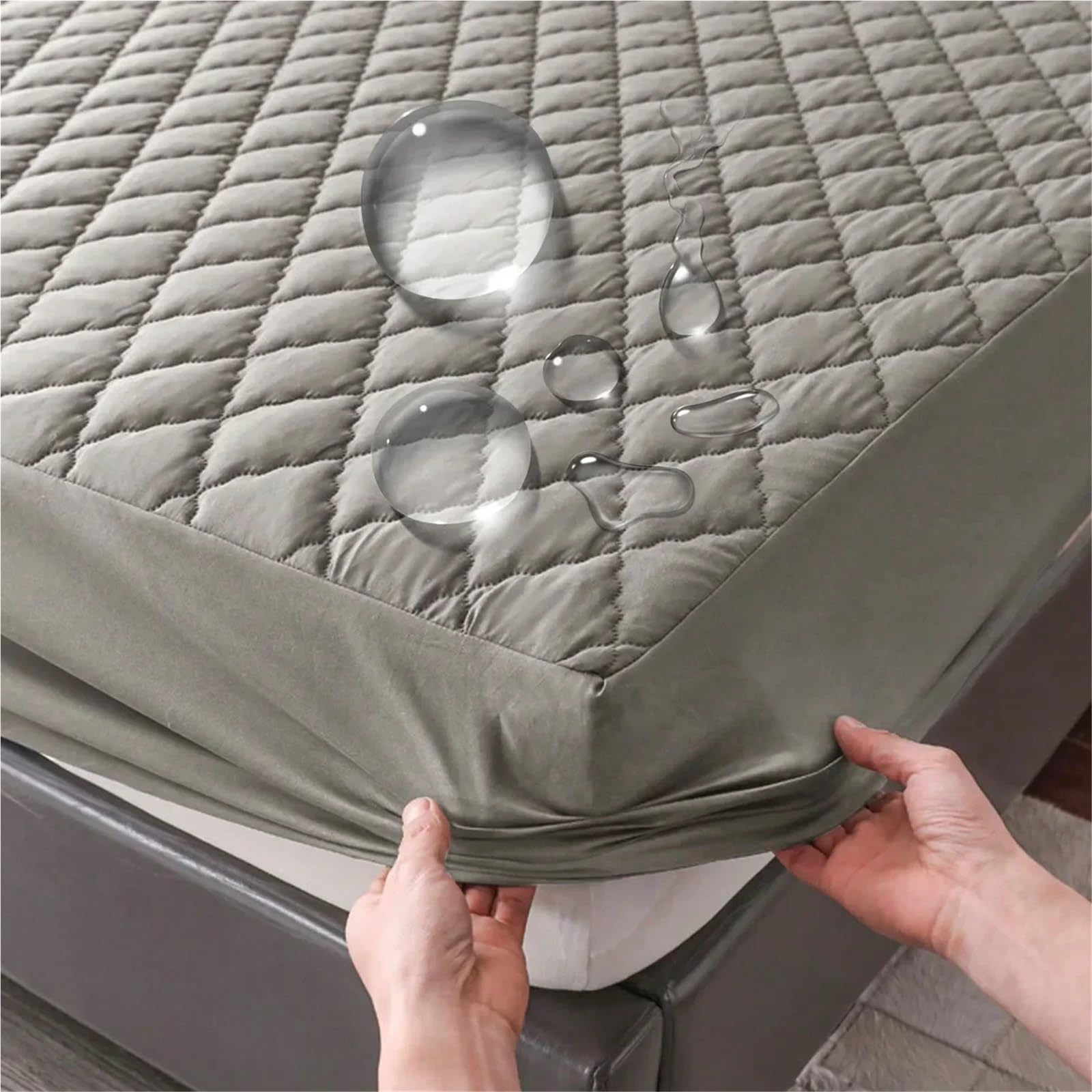 Funda de colchón Impermeable Sábana Ajustable Protector Sin Funda Almohada para ColchóN(Light Grey,180x200x30cm)