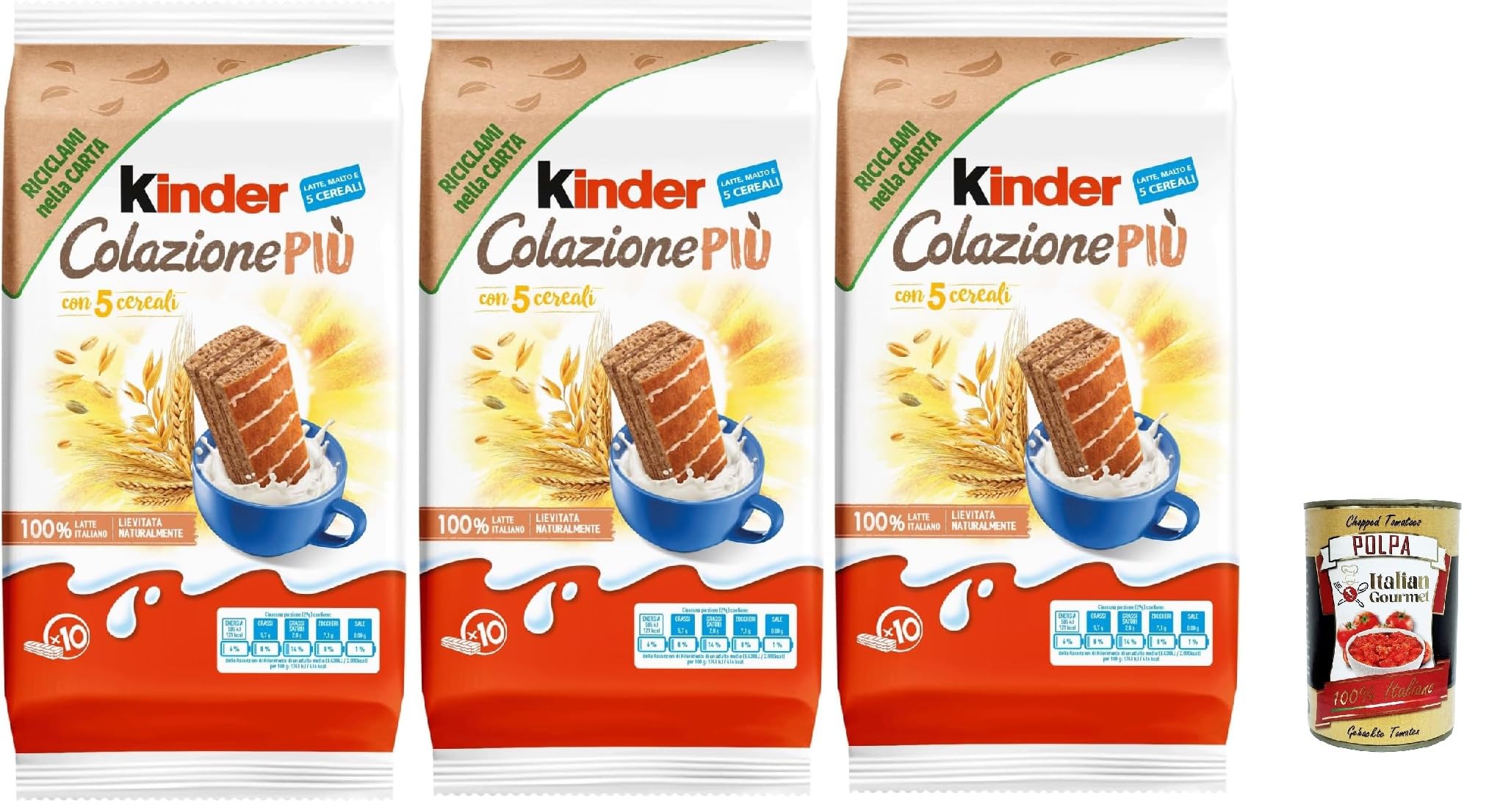 Kinder Colazione Più, 10 Snacks aus Vollkorn -Schwammkuchen mit 5 Getreide, mit Malz und Kakaofüllung, ausgezeichnet zum Frühstück und Snack, 3x 290 + Italian Gourmet polpa 400g