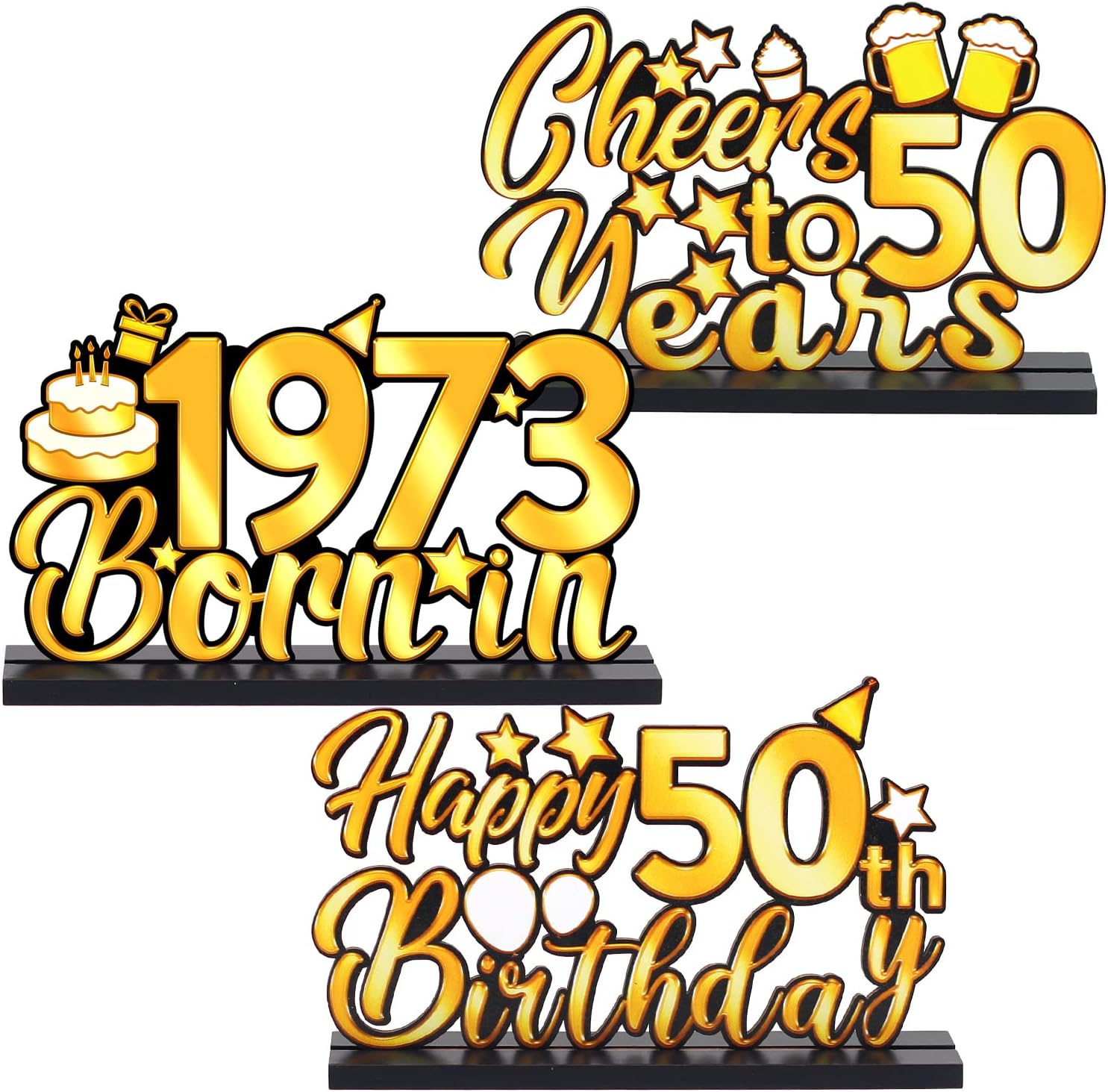 3 Pieces Happy 50th Birthday Party Table Decorations-Born in 1973, Cheer To 50 Years Table Centerpiece Sign Wooden Birthday Presents Congrats for Birthday Party Dinner Table Topper Favors