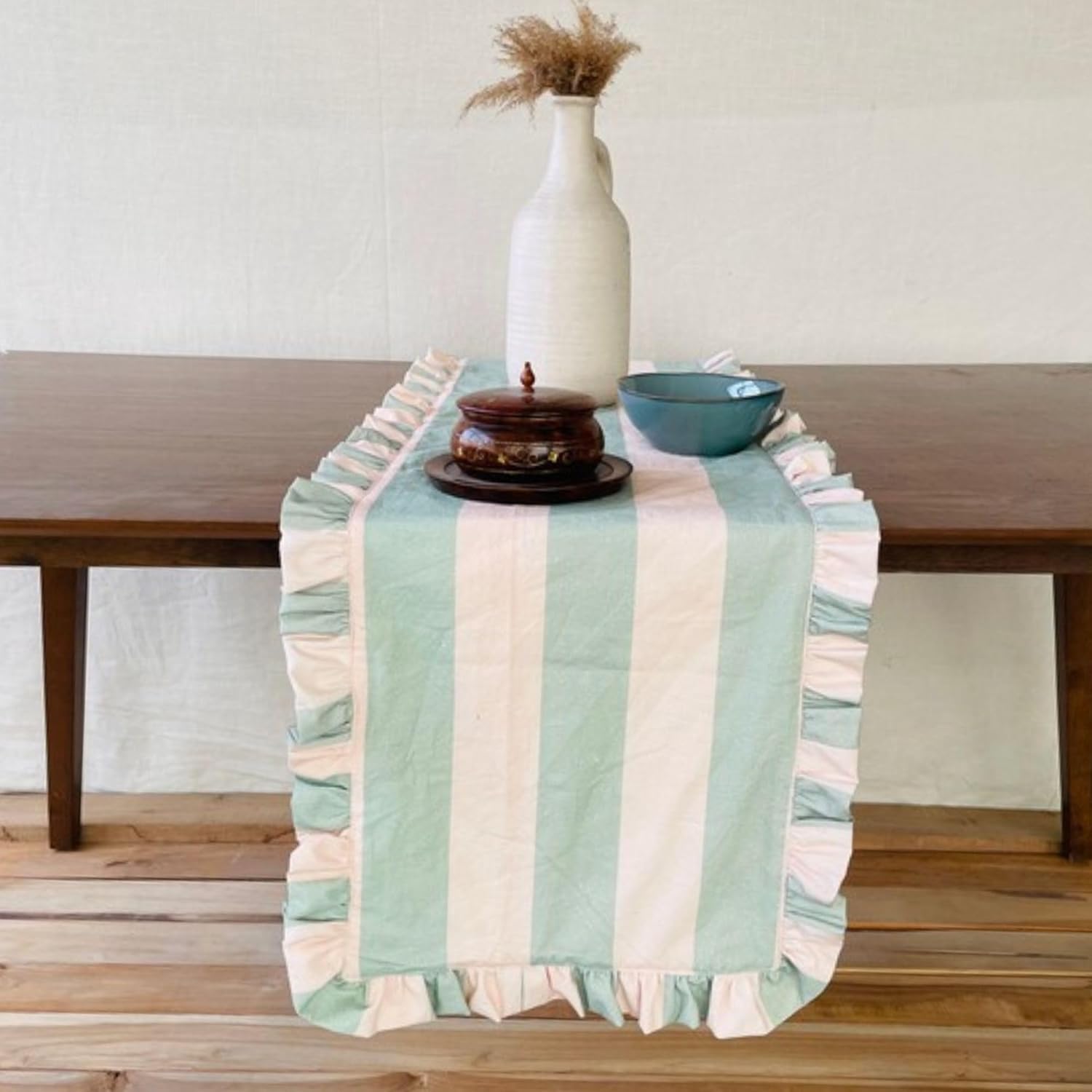 Striped Ruffled Tablecloth | Pink & Sage Green Cotton Blend Farmhouse Style Dining Table Cover | Hand Block Printed Round Tablecloth 90 Inches
