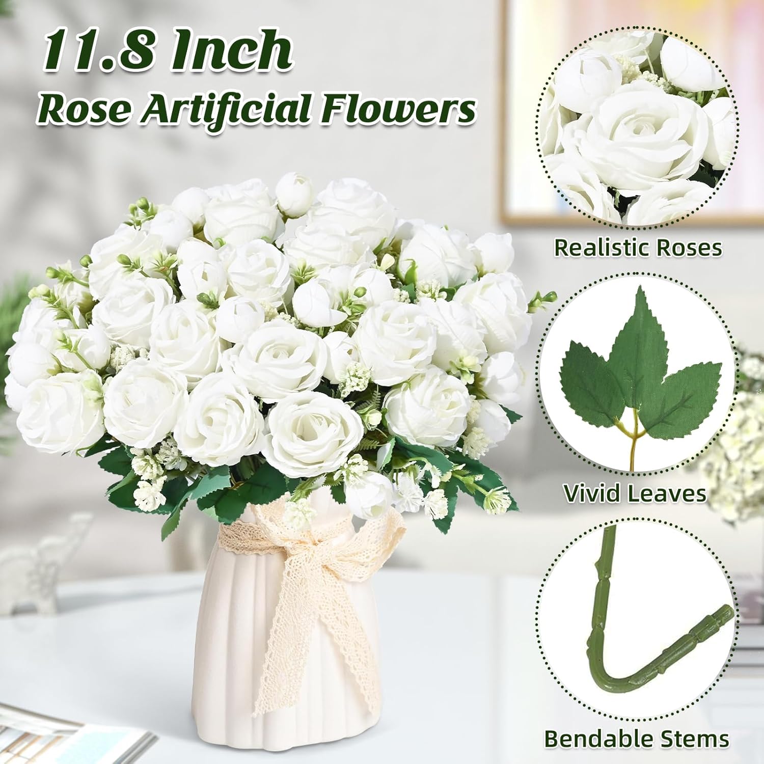 Yastouay Fake Roses Artificial Flowers, 6 Pack Rose Fake Flowers for Decoration, Real Touch White Roses Bouquets Silk Flowers for Vase Centerpiece Table Wedding Party Bridal DIY Decor - Image 6