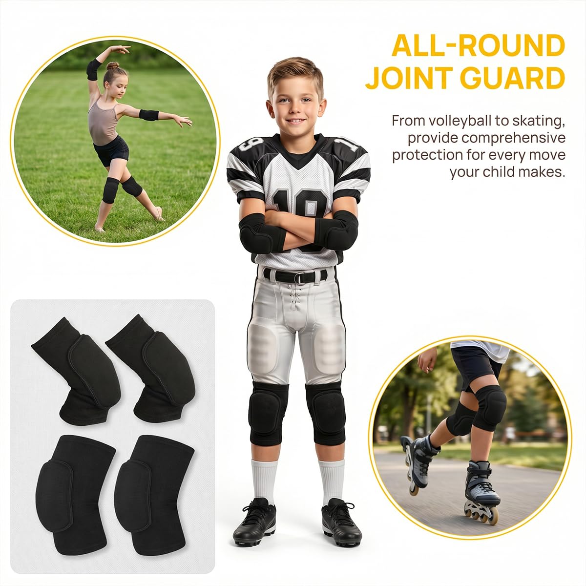 2 pary ochroniaczy na kolana do piłki ręcznej dla dzieci i na łokcie, miękkie wzmocnienie, ochroniacze na kolana do piłki ręcznej, treningu, hulajnog, piłki nożnej, tańca, elastyczne, zapobiegające