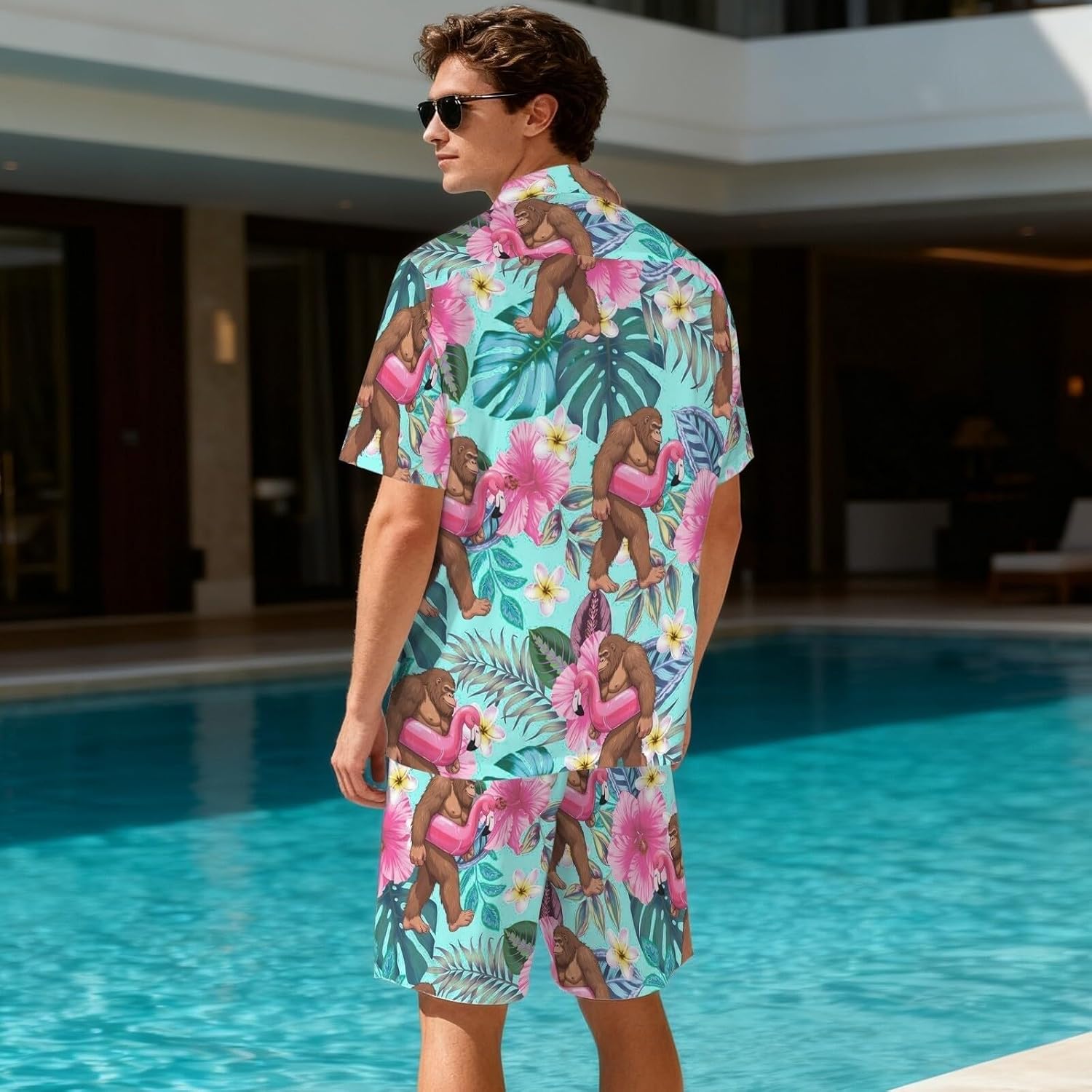 2 Piece Men's Hawaiian Outfits Shirts and Shorts Sets Button Down Funny Tropical Beach Party