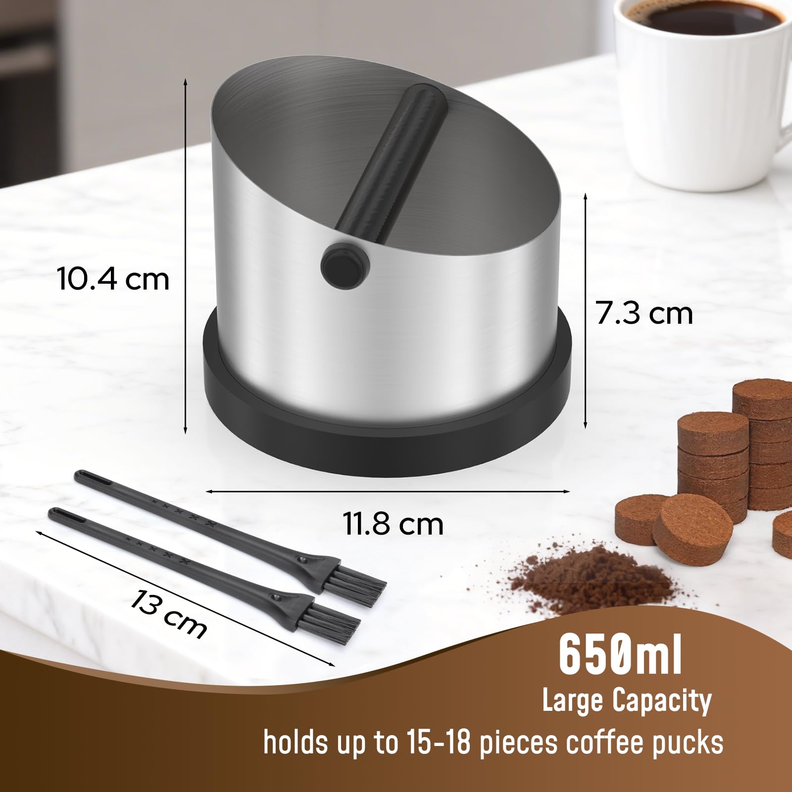 Alyvisun Coffee Knock Box Acero Inoxidable, 650ml Cajon Posos Cafe con 2 Pinceles, Recipiente para Posos de Café con Barra Extraíble Antigolpes para Cafeterías, Hogar, Restaurante, Oficina