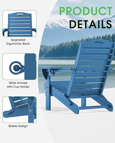 Miniatura 7 de Silla Adirondack plegable HDPE para todo tipo de clima, sillas Adirondack con soporte para tazas, sillas para hoguera al aire libre, silla de césped