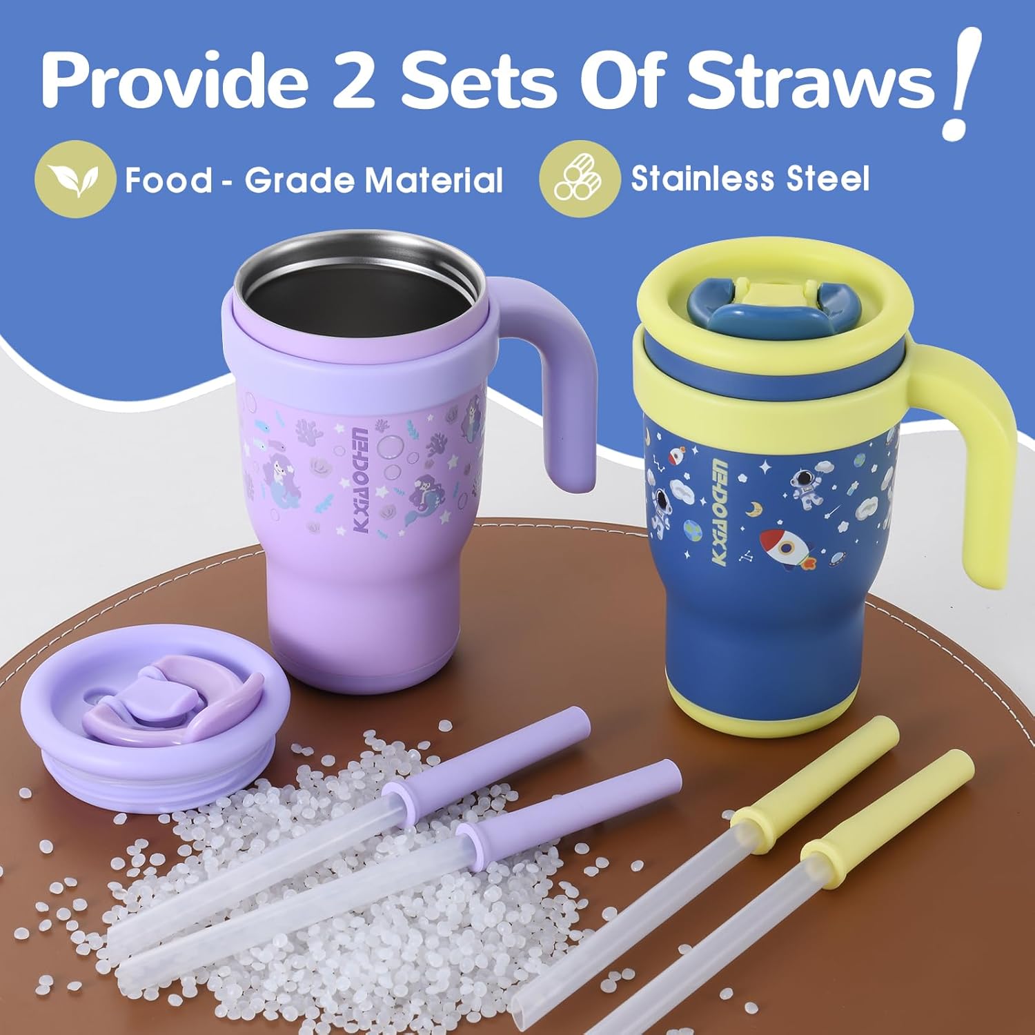 KXIAOCHEN 14 oz Kids Tumbler with Handle for Spill Proof Insulated Stainless Steel Reusable Tumbler for Toddlers, Keeps Drinks Cold up to 24 Hrs,Mermaid+Spaceman2P - Image 2