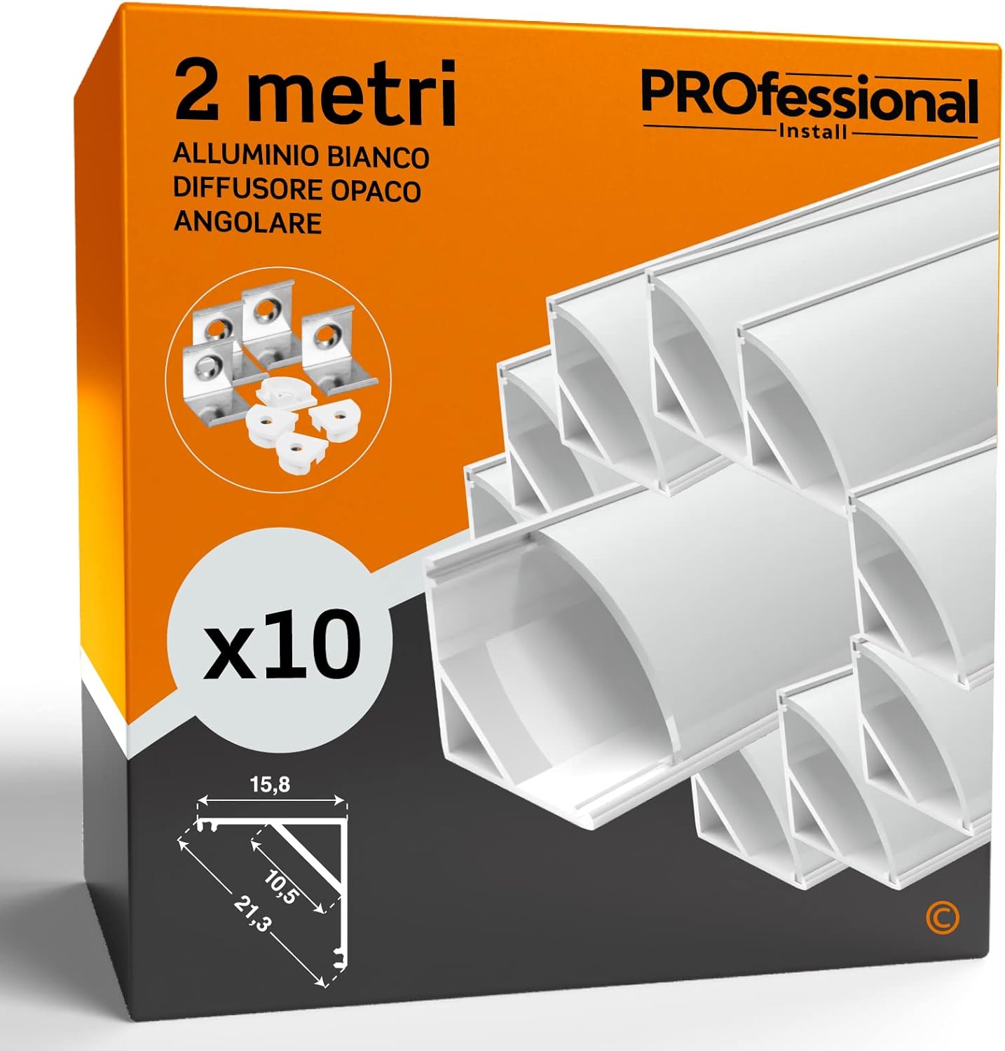 Eurocali 5x Profili Angolari da 2 metri (10mt) per Strisce LED in Alluminio grigio Schermatura Opaca ingombro max striscia led 10.5mm - 21.3 x 15.8