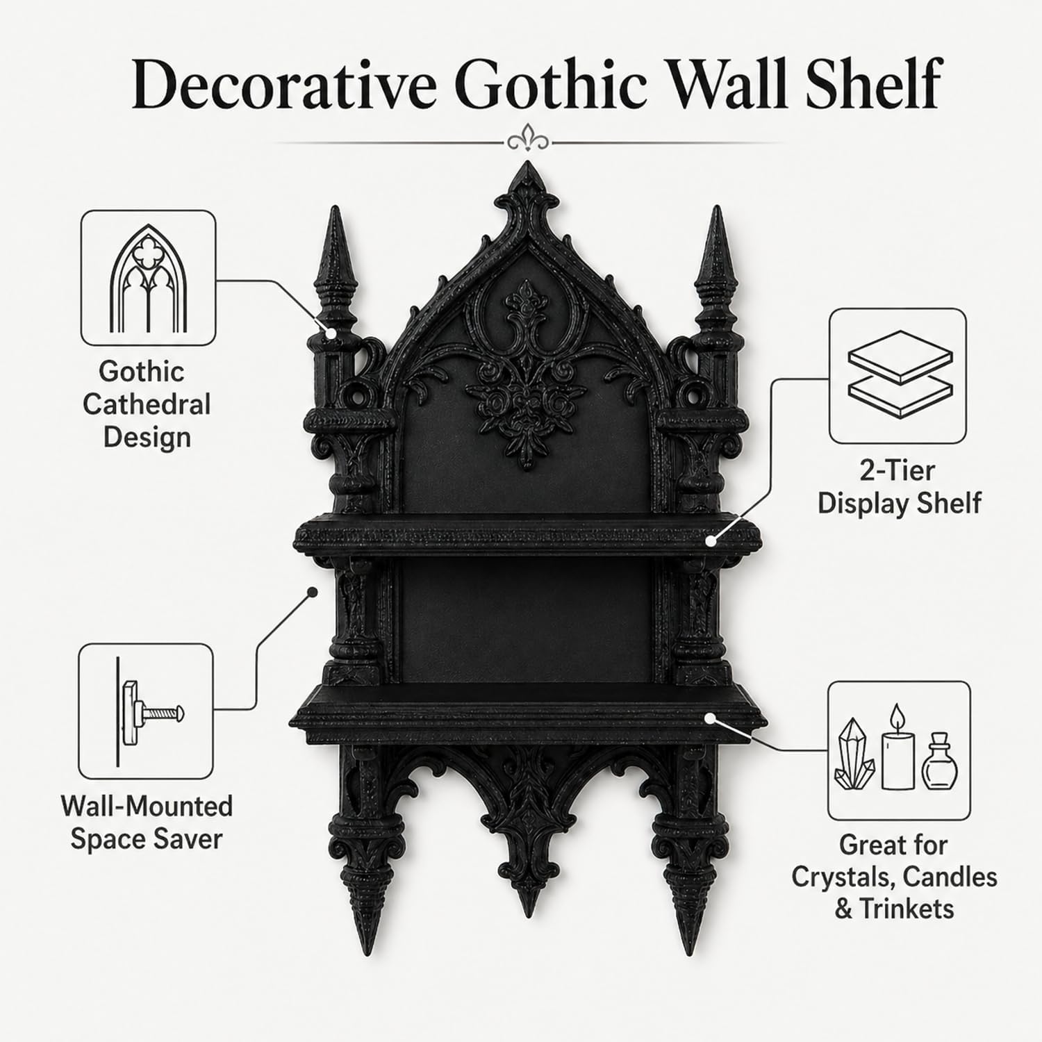 Novabright Gothic Crystal Shelf Gothic Display Furniture Black Plastic Floating Wall Mount Shelf Medieval Witchy Bedroom Decor for Bedroom Living Room Reading Studio Perfume Organizer Collection