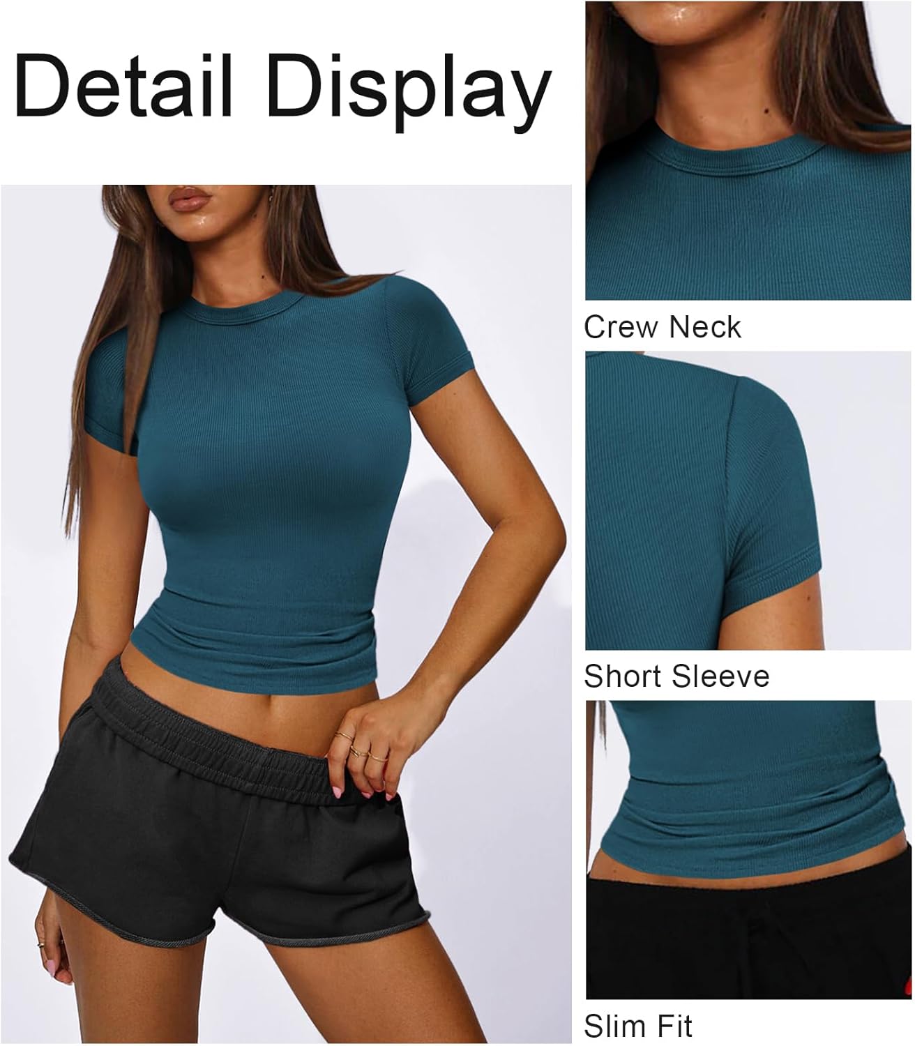 Womens Crew Neck Ribbed Skim Short Sleeve Fitted T Shirts Casual Basic Tight Tees Stretchy Tops for Women - Image 3