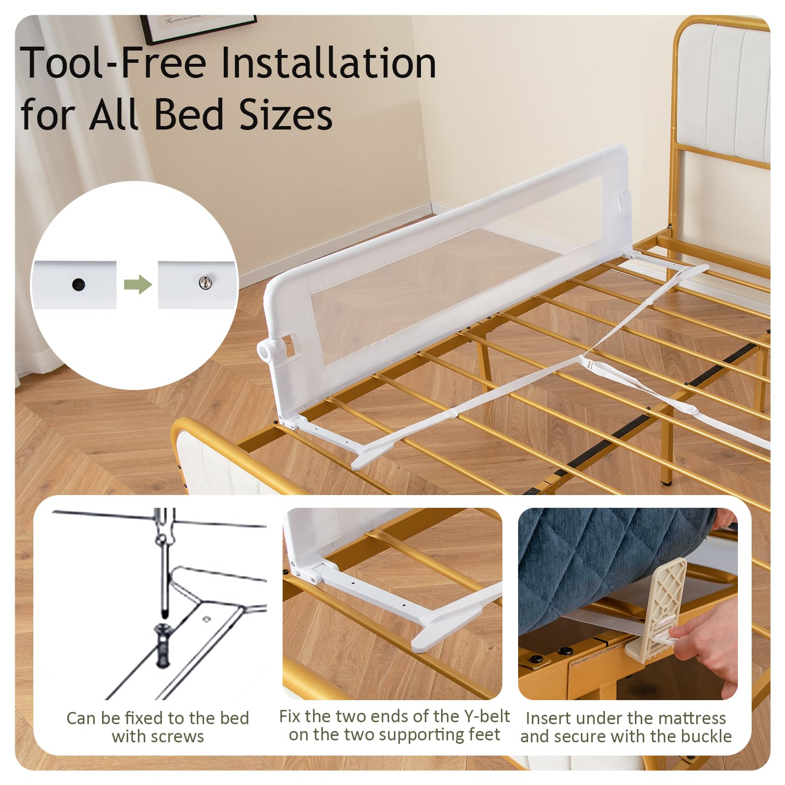 LIFEZEAL Barandilla de Cuna Plegable con Correas, Barrera de Seguridad Infantil rellena de algodón, protección anticaída de Cuna de Tejido Oxford, 152x34x42cm (Blanco)