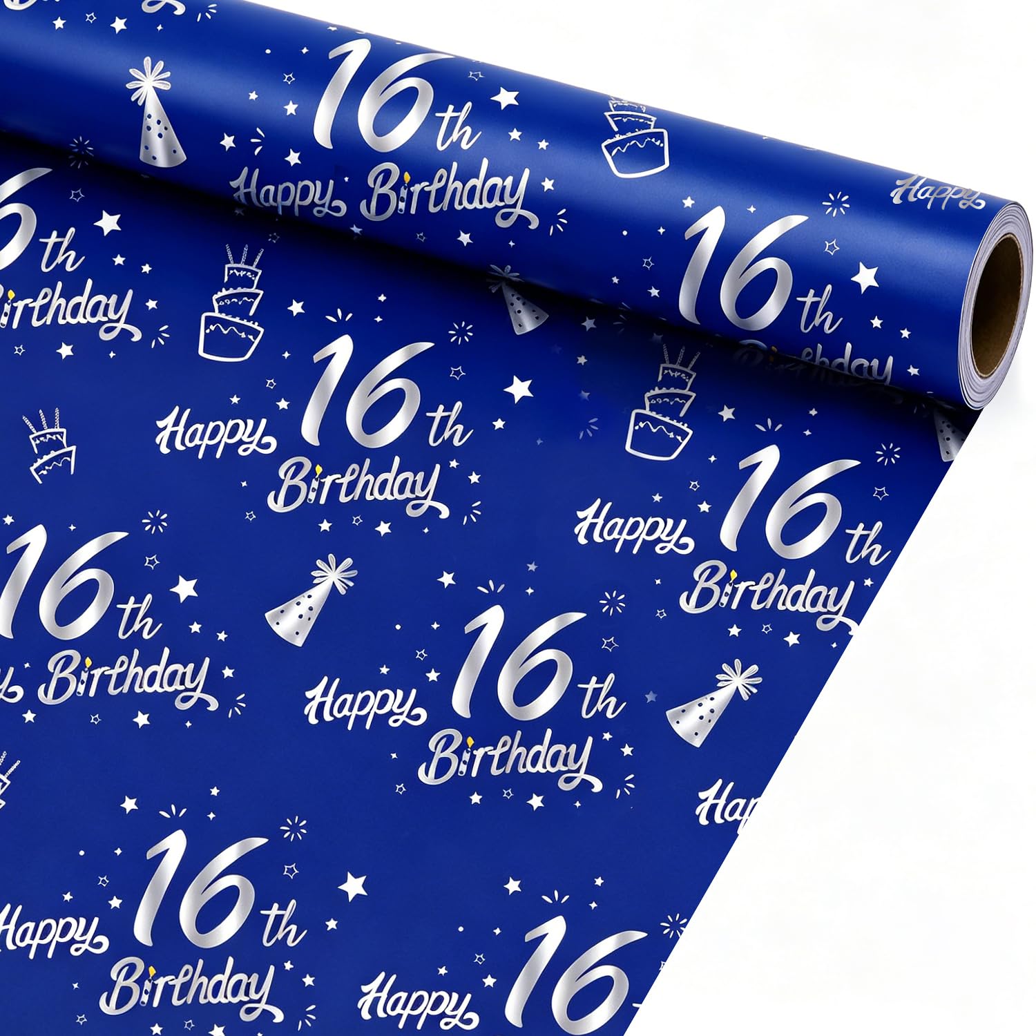 Topeedy Navy Blue 16th Birthday Wrapping Paper, 43cm x 5m Recyclable Silver 16th Happy Birthday Gift Paper Mini Roll Perfect for Boy Girls Present and Party Decorations