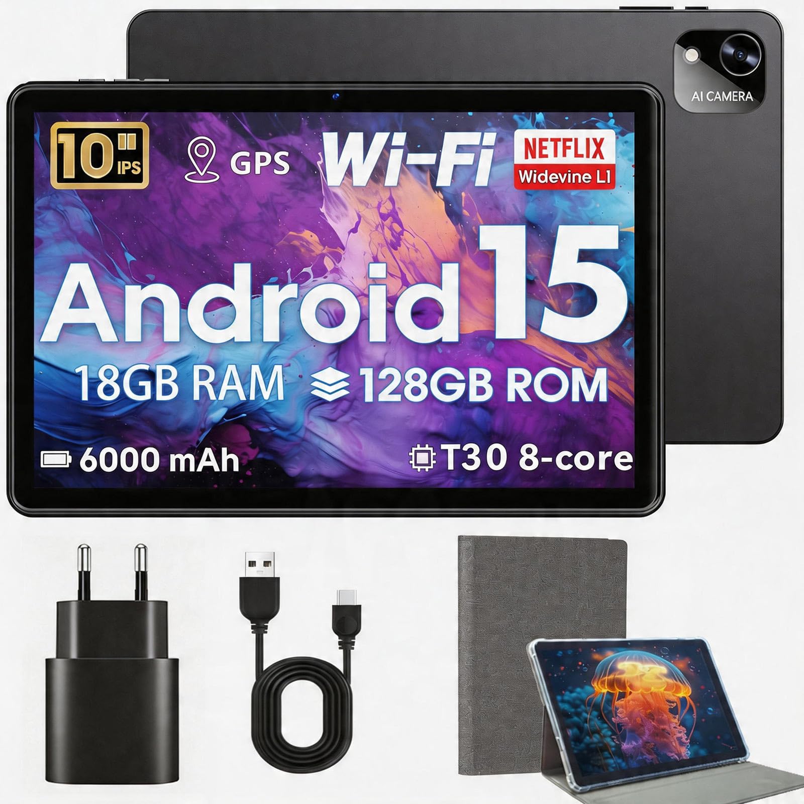Tablette 10 Pouces avec Étui Tablette Android 15, 18 Go RAM+128 Go ROM (Extensible Jusqu'à 1 to), Compatible Widevine L1/6000 mAh/T30 Octa-Core/Wi-FI 5/Face ID/GSM/Double Caméra 5Mpx+8Mpx