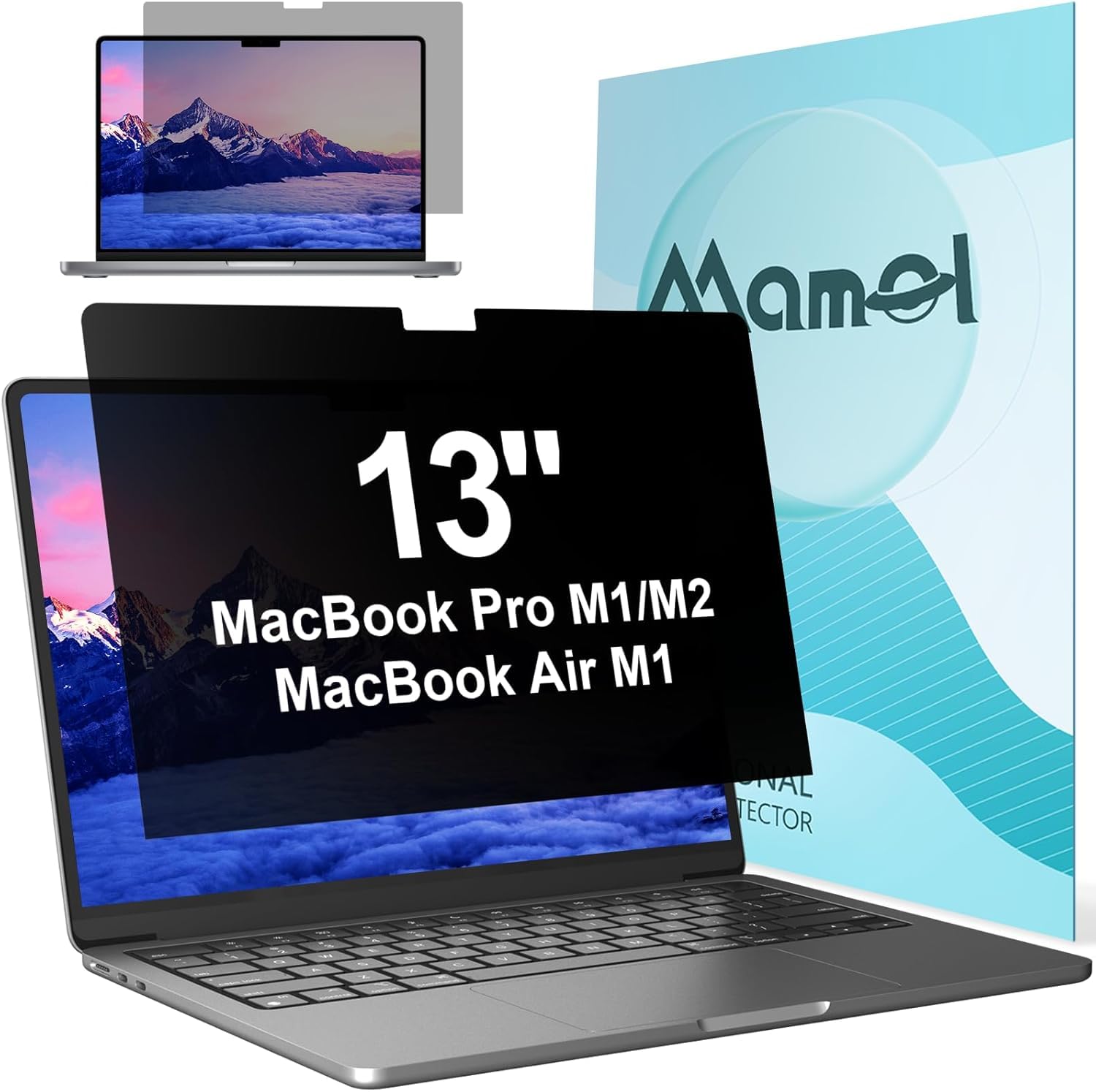 Mamol 360° Privacy Screen for Macbook Pro 13 Inch (2016-2022, M1, M2) & Air 13 inch (2018-2021, M1), Anti Glare Blue Light Filter, Nano No Glue Anti Spy Black Protector for Mac Pro 13'' Laptop