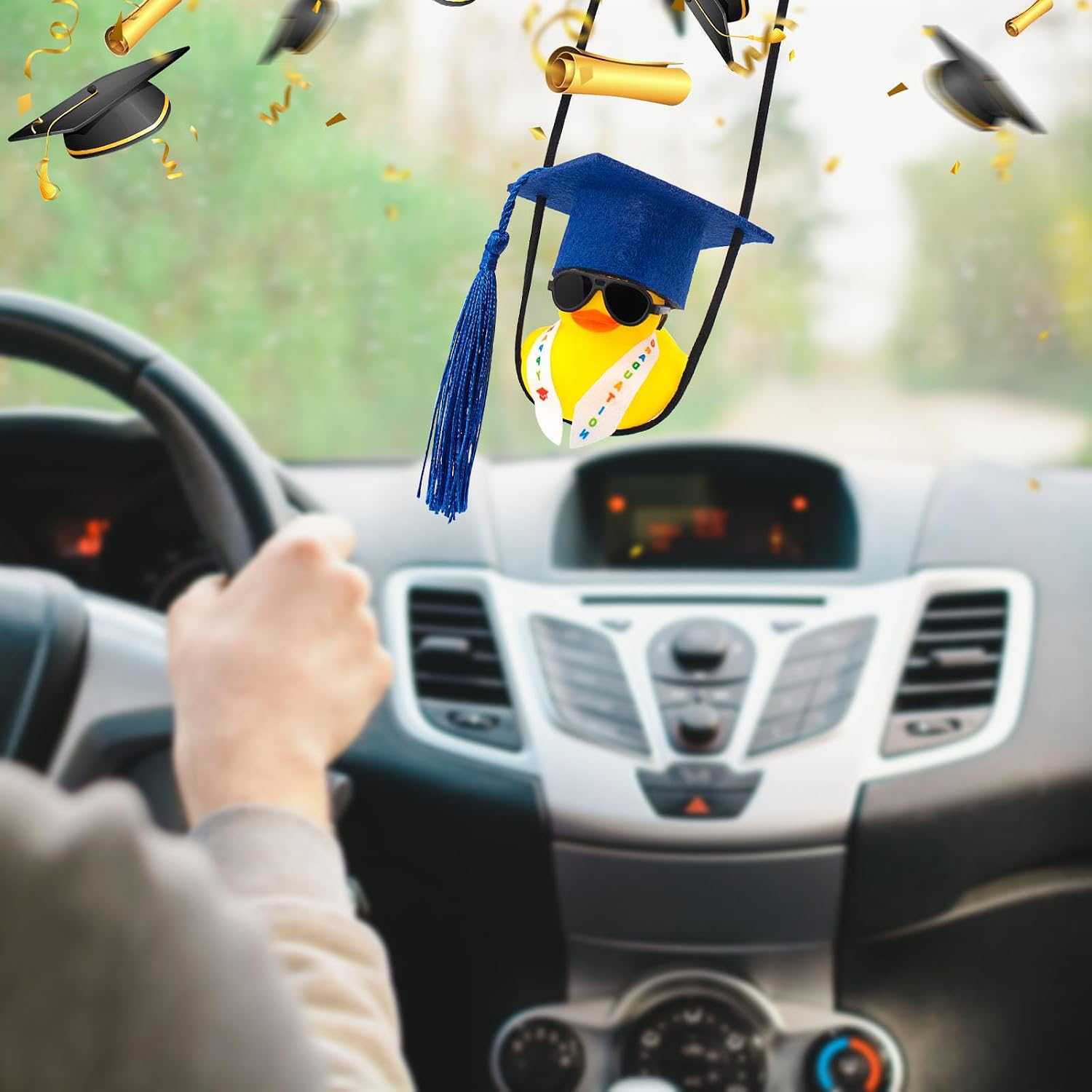 wonuu Graduation Swinging Rubber Duck with Stole Sash Sunglasses Grad Hat, Car Rearview Mirror Hanging Accessories Mini Ducky Ornament for Graduate Gifts, Dark Blue