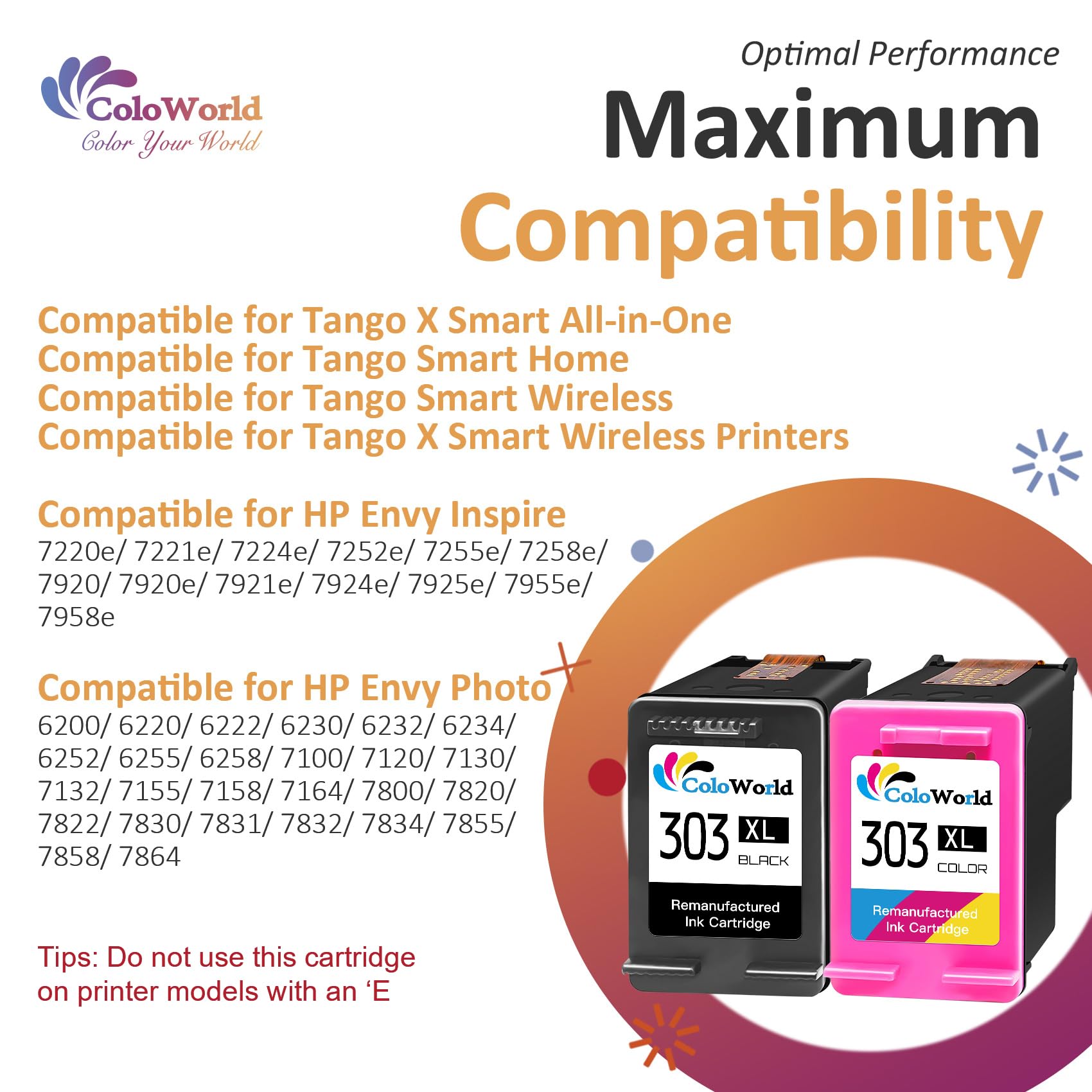ColoWorld 303XL Cartuchos de Impresora, para HP 303 Cartuchos Multipack, Compatible con HP Envy Inspire 7200e 7220e 7900e 7920e,para Envy Photo 6200 Tango X Smart All-in-One Printer(2-Pack)